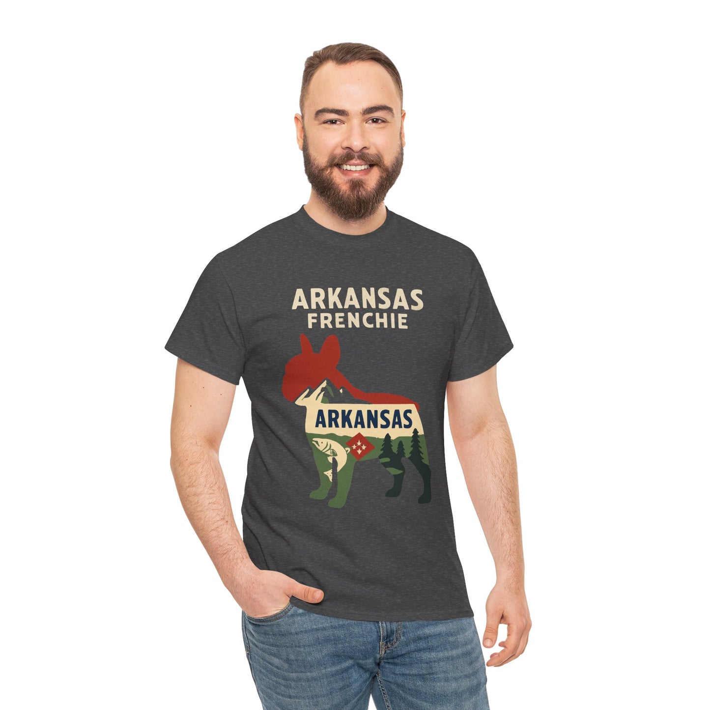 Arkansas Frenchie T-Shirt – French Bulldog State Pride Tee, Retro Arkansas Dog Lover Shirt, Nature Hiking Frenchie Gift