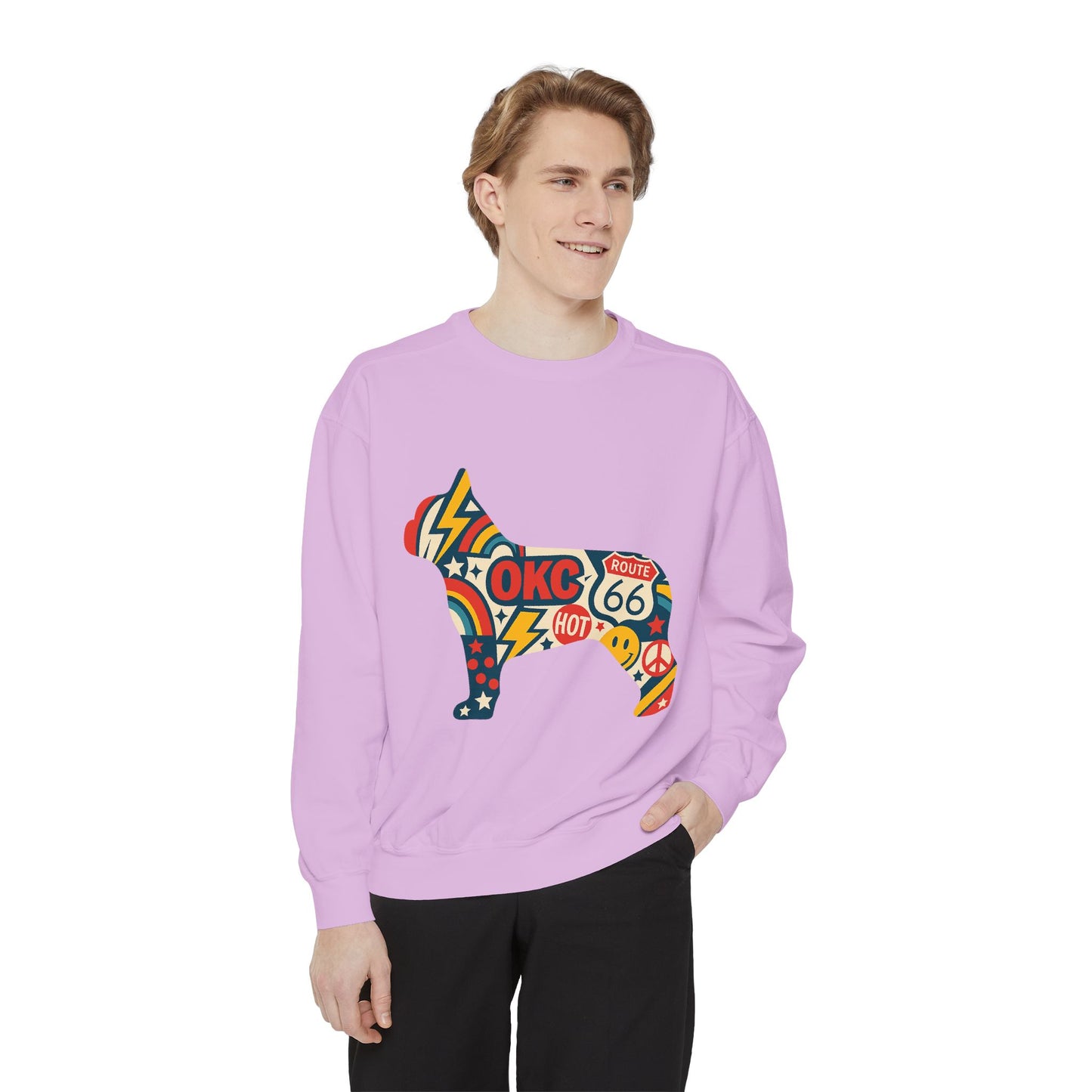 OKC Frenchie Route 66 Sweatshirt | Retro Oklahoma Pullover | Blue Orange Dog Lover Crewneck