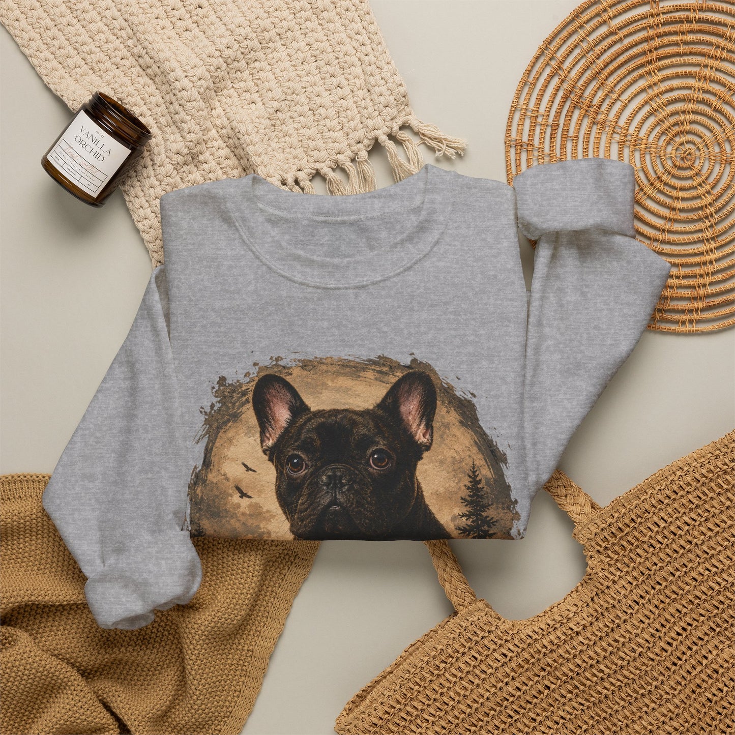 Black French Bulldog Sweatshirt, Rustic Frenchie Crewneck, Vintage Nature French Bulldog Sweatshirt, Dog Lover Gift, Black Frenchie Pullover, Camping Sweatshirt, Cozy Dog Apparel