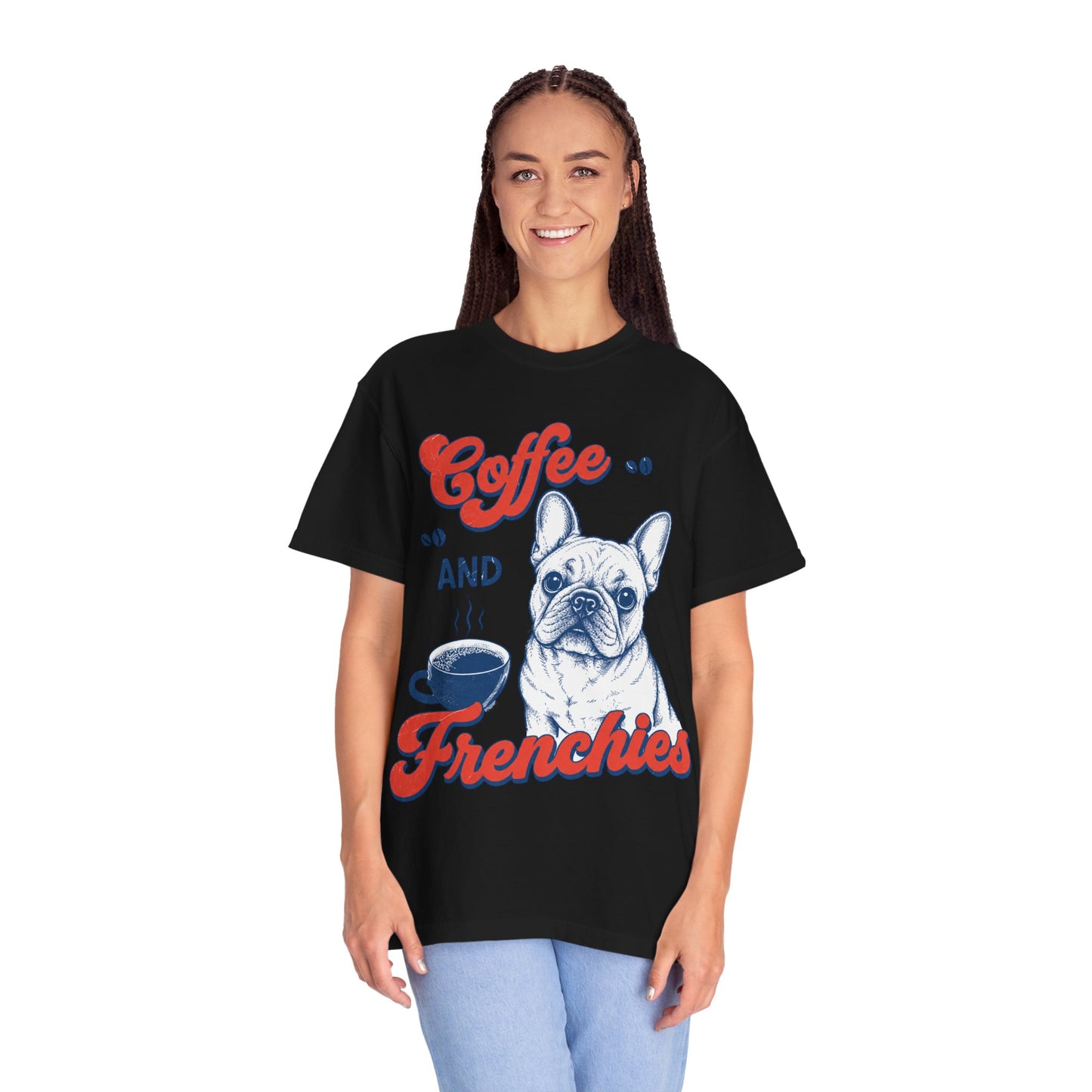 Coffee and Frenchies Shirt, French Bulldog Coffee Tee, Frenchie Lover T-Shirt, Dog Mom Coffee Shirt, Cute French Bulldog Graphic Tee, Coffee Lover Gift