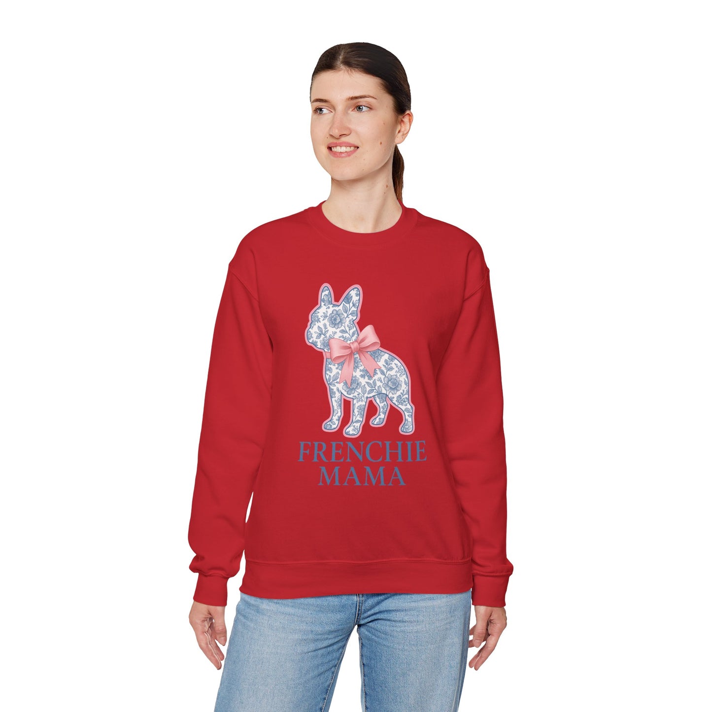 Frenchie Mama Sweatshirt – Blue Floral French Bulldog with Pink Bow, Cute Dog Mom Crewneck, French Bulldog Lover Gift, Cozy Dog Mom Sweater