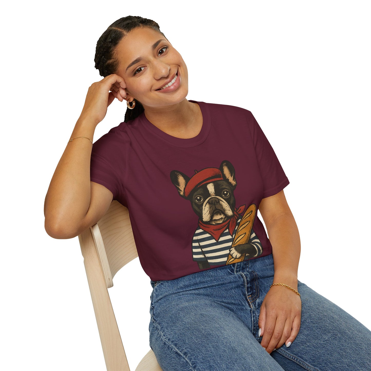 French Bulldog Parisian T-Shirt – Cute Frenchie in Beret & Stripes with Baguette – Funny Dog Lover Tee, French Style Dog Shirt, Gift for Frenchie Moms