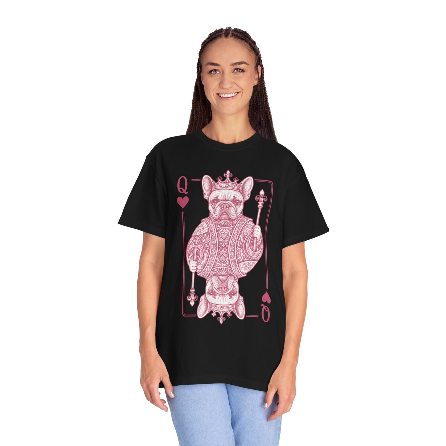 Queen of Hearts French Bulldog Shirt, Frenchie Queen Playing Card Tee, Dog Mom Gift, Cute French Bulldog Graphic Shirt, Royal Frenchie T-Shirt