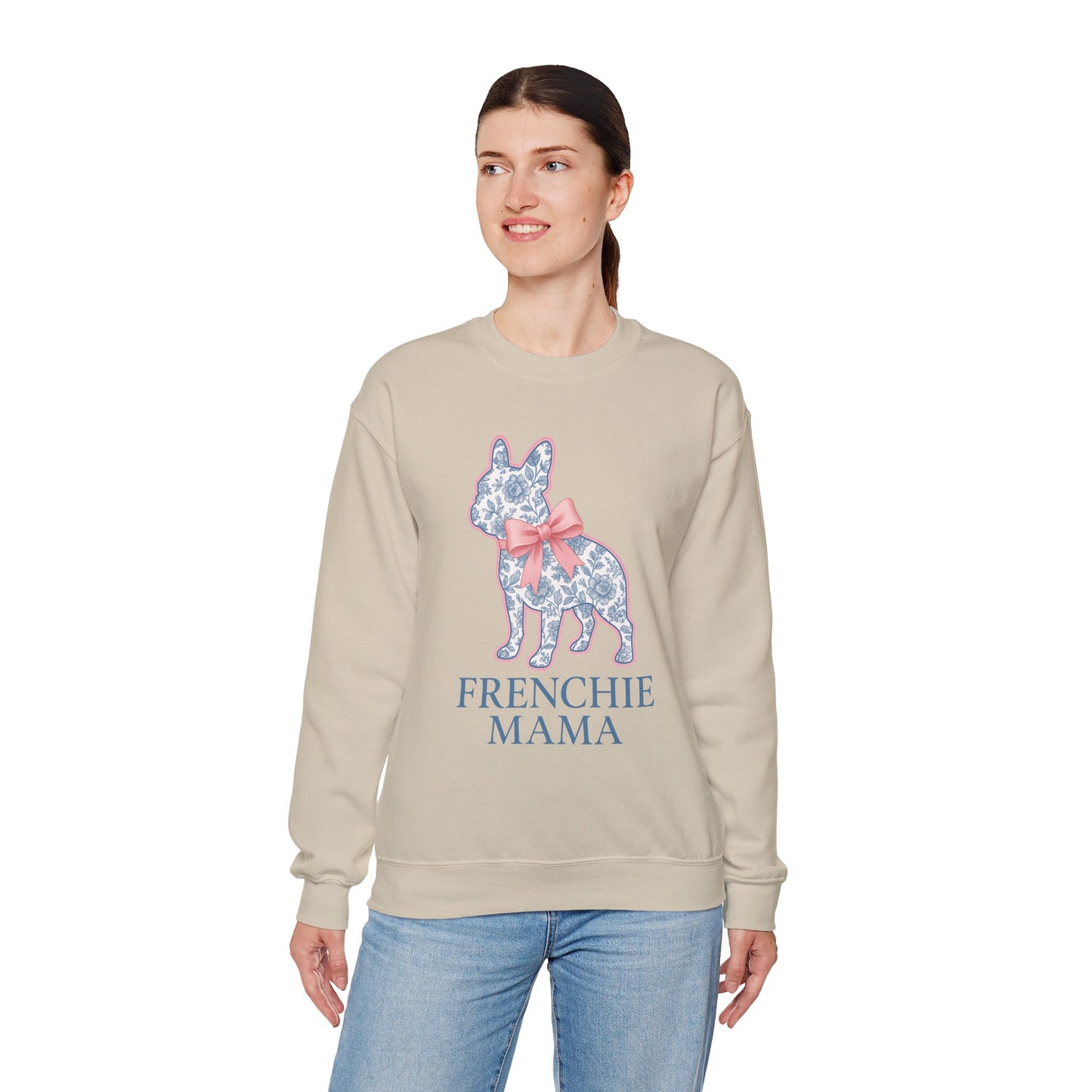 Frenchie Mama Sweatshirt – Blue Floral French Bulldog with Pink Bow, Cute Dog Mom Crewneck, French Bulldog Lover Gift, Cozy Dog Mom Sweater