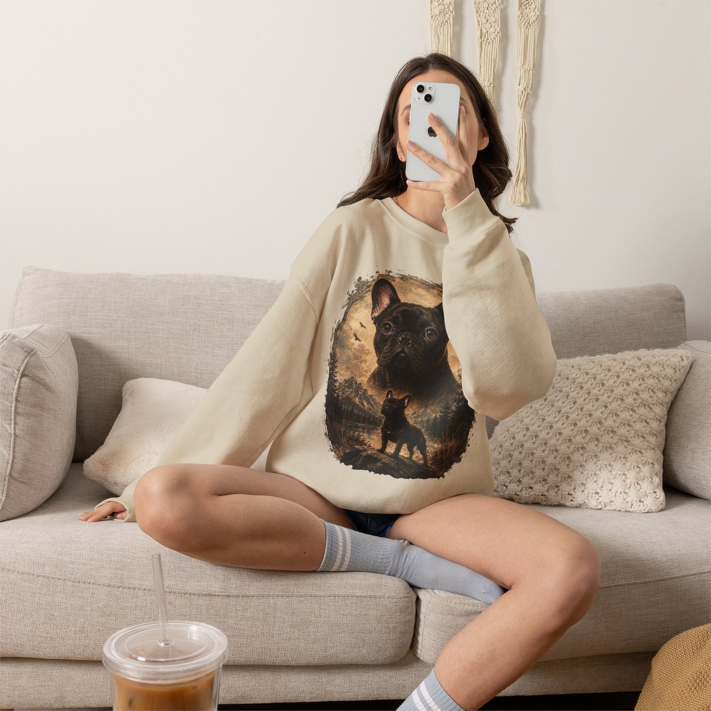 Black French Bulldog Sweatshirt, Rustic Frenchie Crewneck, Vintage Nature French Bulldog Sweatshirt, Dog Lover Gift, Black Frenchie Pullover, Camping Sweatshirt, Cozy Dog Apparel