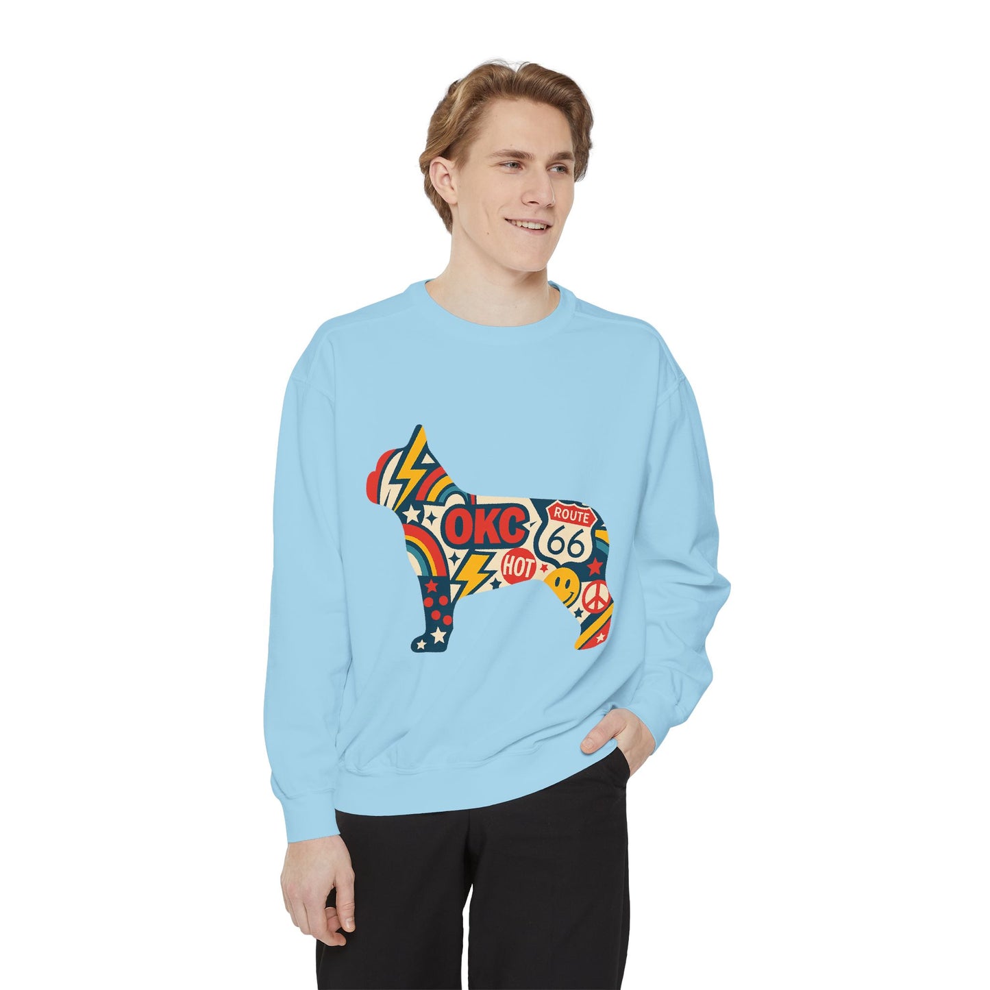OKC Frenchie Route 66 Sweatshirt | Retro Oklahoma Pullover | Blue Orange Dog Lover Crewneck