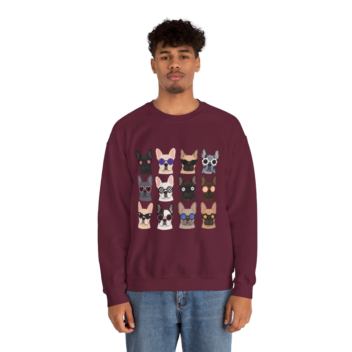 French Bulldog Faces Crewneck Sweatshirt – Cute Sunglasses Dogs Graphic