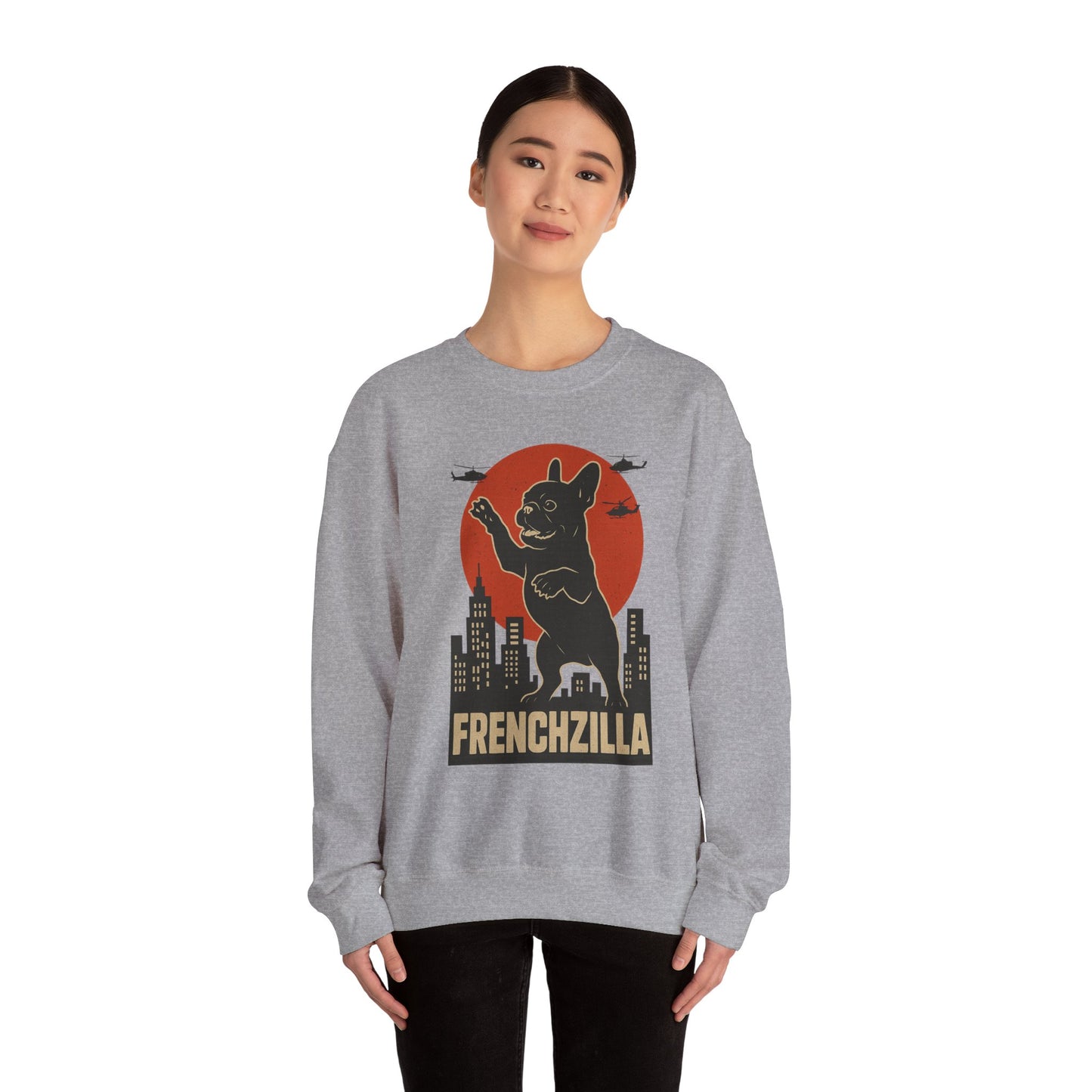 French Bulldogzilla Sweatshirt | Godzilla Inspired French Bulldog Graphic Tee | Retro Japanese Movie Style Dog Lover Shirt | Funny Frenchie Gift