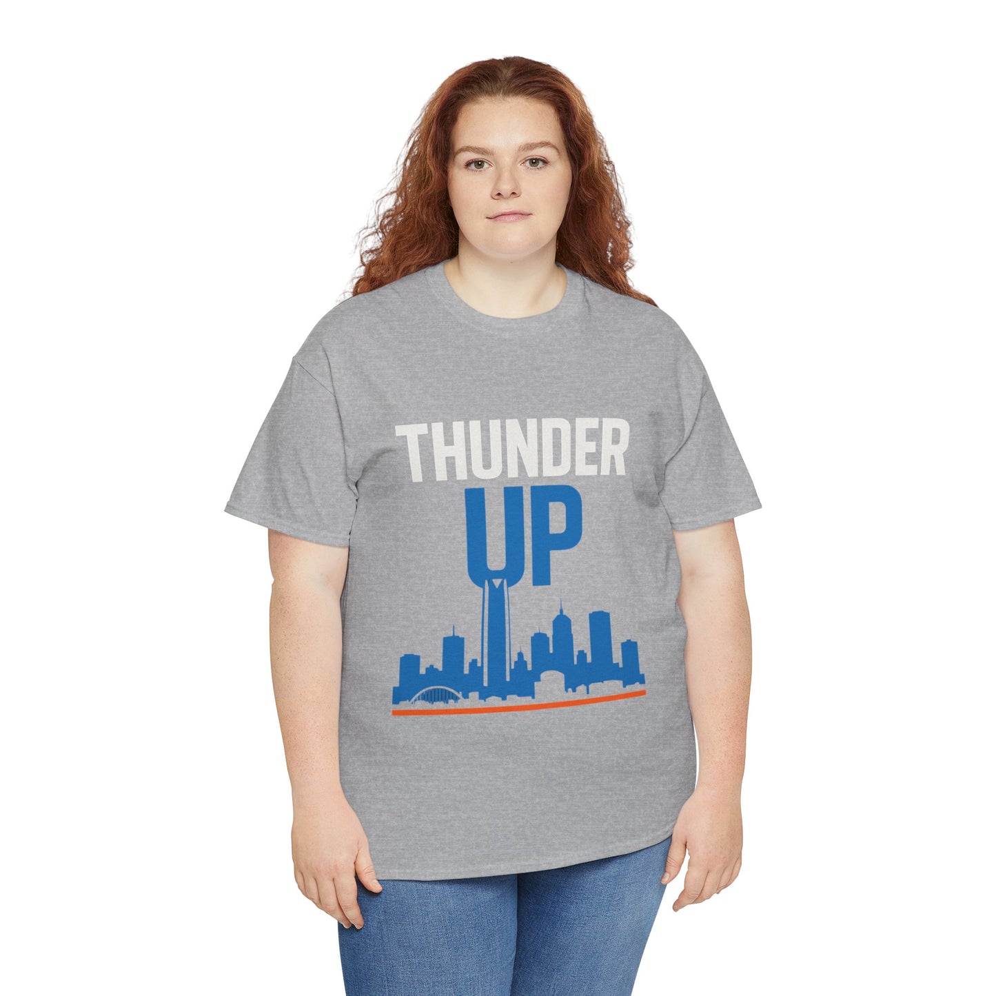 Thunder Up Oklahoma City Skyline Shirt – OKC Basketball Fan Tee, Blue & Orange City Skyline Graphic, Oklahoma Hoops Spirit Wear, Game Day T-Shirt