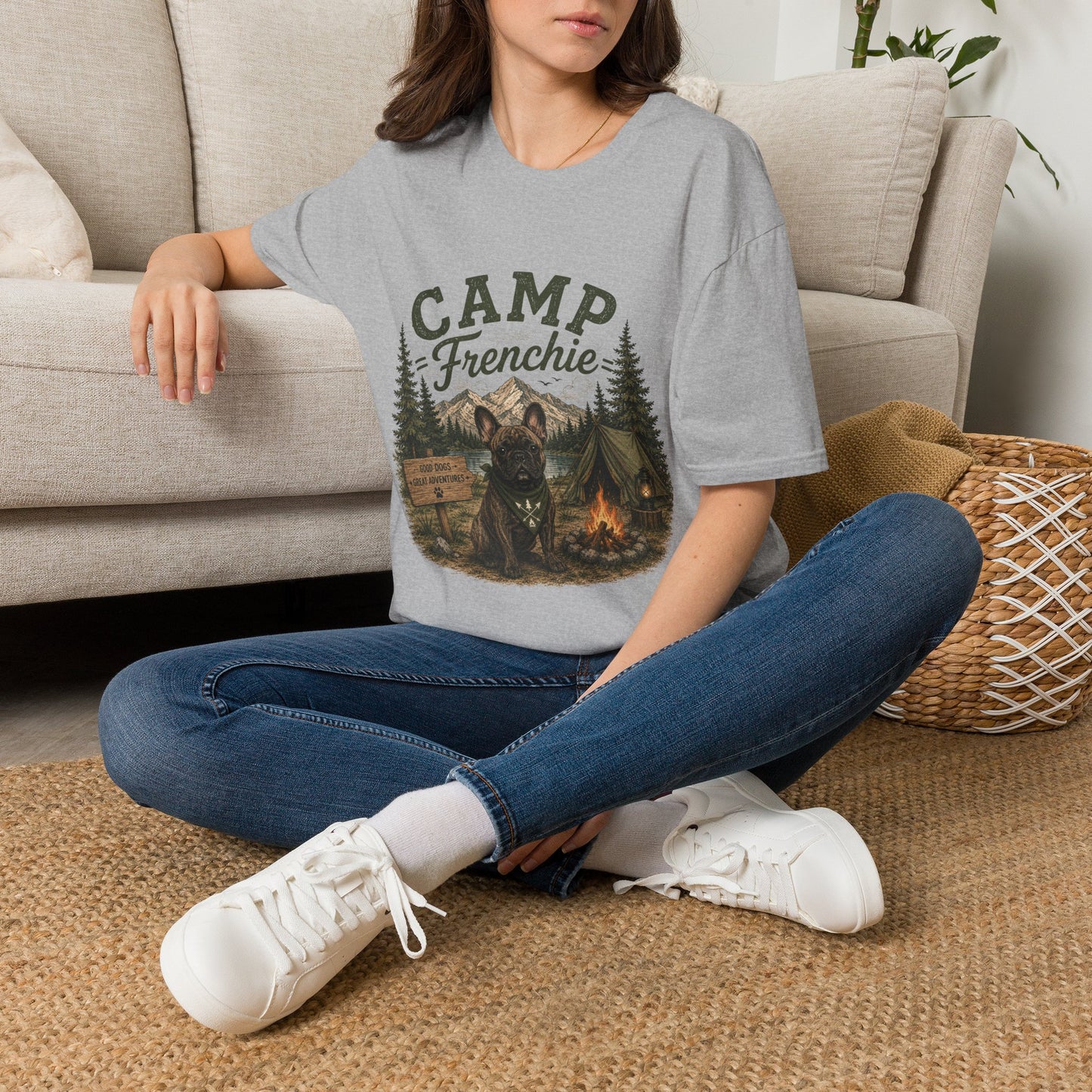 Camp Frenchie Shirt, French Bulldog Camping Shirt, Frenchie Outdoor Tee, Dog Camping Shirt, Adventure Dog Lover Gift, Campfire French Bulldog T-Shirt, Nature Graphic Tee