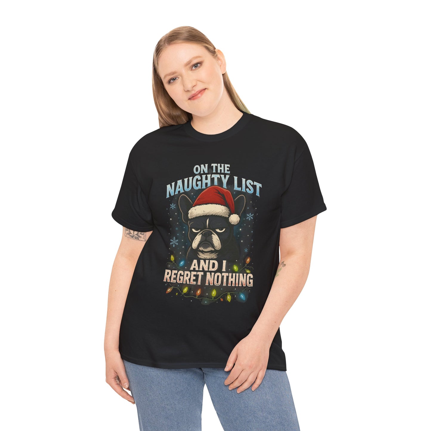 On The Naughty List Frenchie Christmas Shirt | Funny Holiday Dog Lover Tee | Grumpy French Bulldog Xmas Lights T-Shirt | Cute Pet Gift