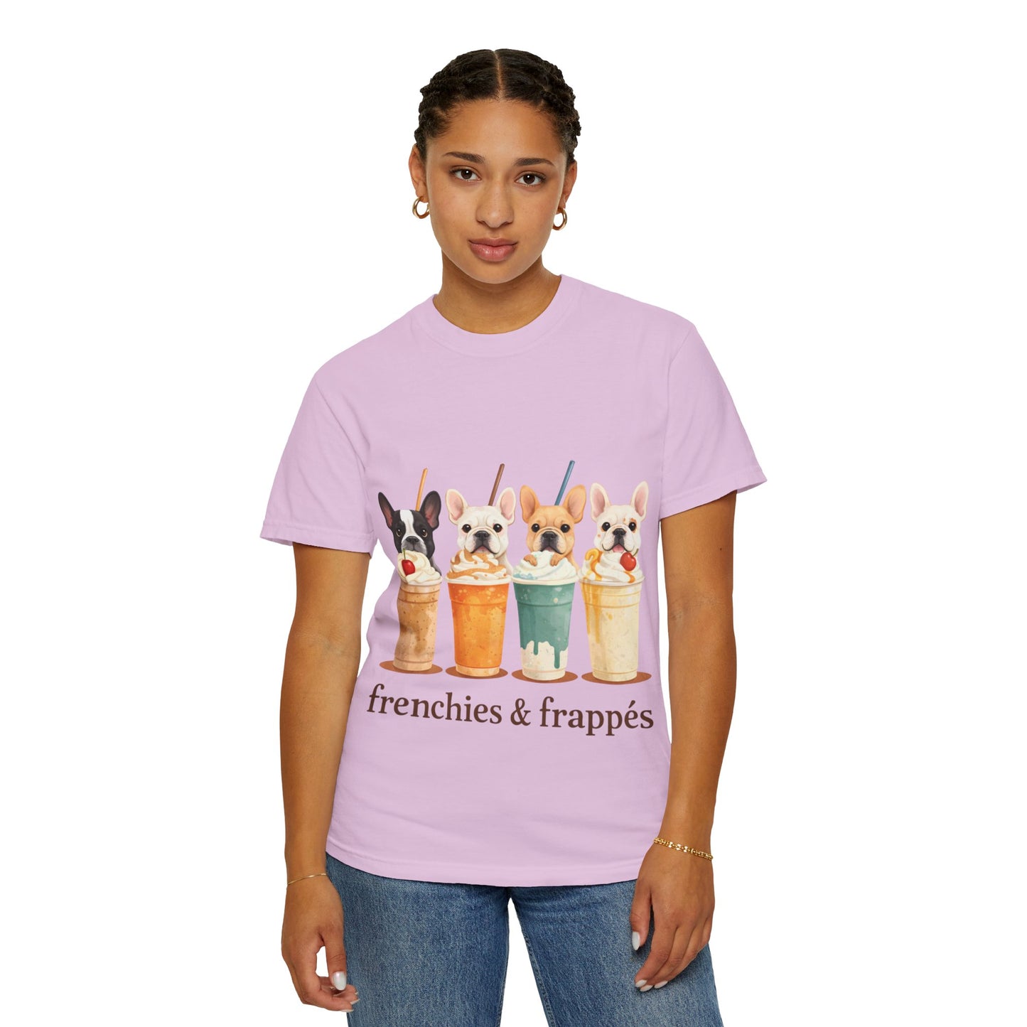 Frenchies & Frappés Shirt, French Bulldog Coffee Shirt, Cute Frenchie Café Tee, Coffee Lover Dog Shirt, Dog Mom Gift, French Bulldog Graphic Tee