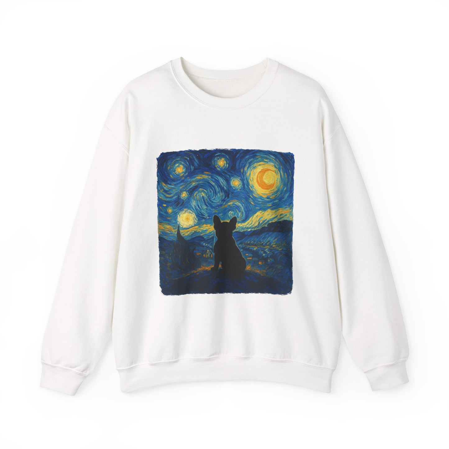 Starry Night Frenchie Sweatshirt – Van Gogh Inspired French Bulldog Art Crewneck, Cozy Dog Lover Gift, Retro Frenchie Sweater
