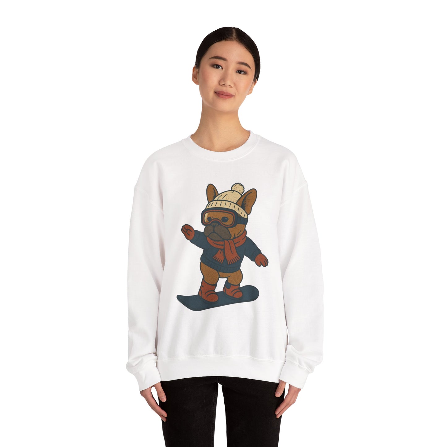 Snowboarding Frenchie Sweatshirt – Cute French Bulldog Winter Sweater, Snowboard Dog Pullover, Cozy Holiday Ski Dog Crewneck, Frenchie Lover Gift