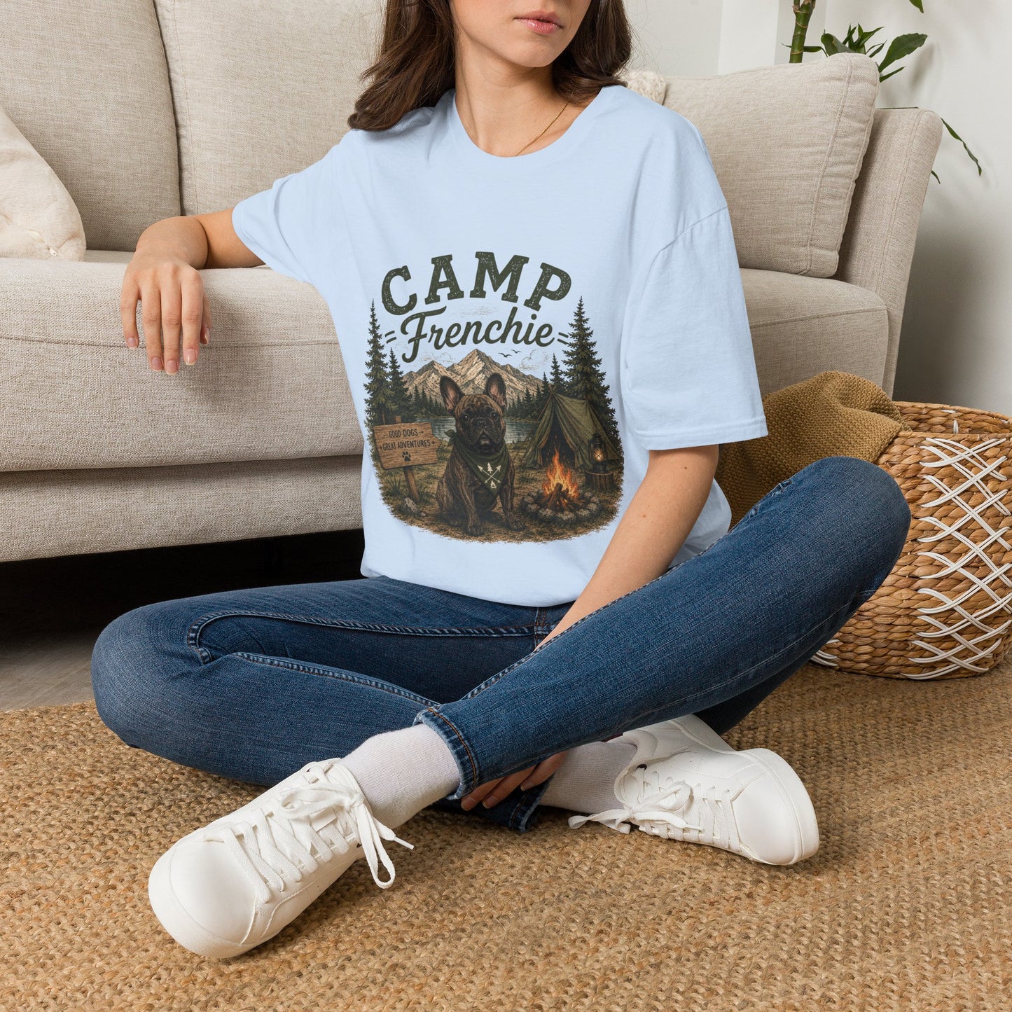 Camp Frenchie Shirt, French Bulldog Camping Shirt, Frenchie Outdoor Tee, Dog Camping Shirt, Adventure Dog Lover Gift, Campfire French Bulldog T-Shirt, Nature Graphic Tee