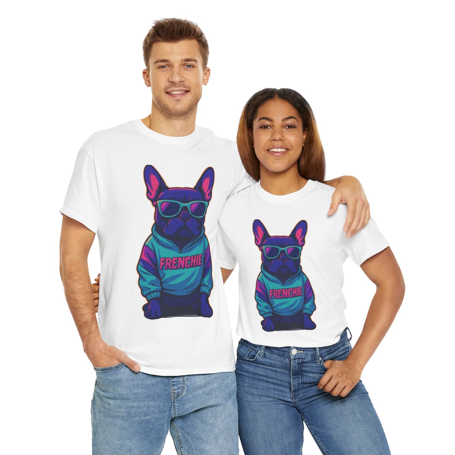 Vaporwave Frenchie T-Shirt | Retro Neon Dog Graphic | 80s Style French Bulldog Tee | Colorful Streetwear Gift for Dog Lovers | Cool Pet Apparel