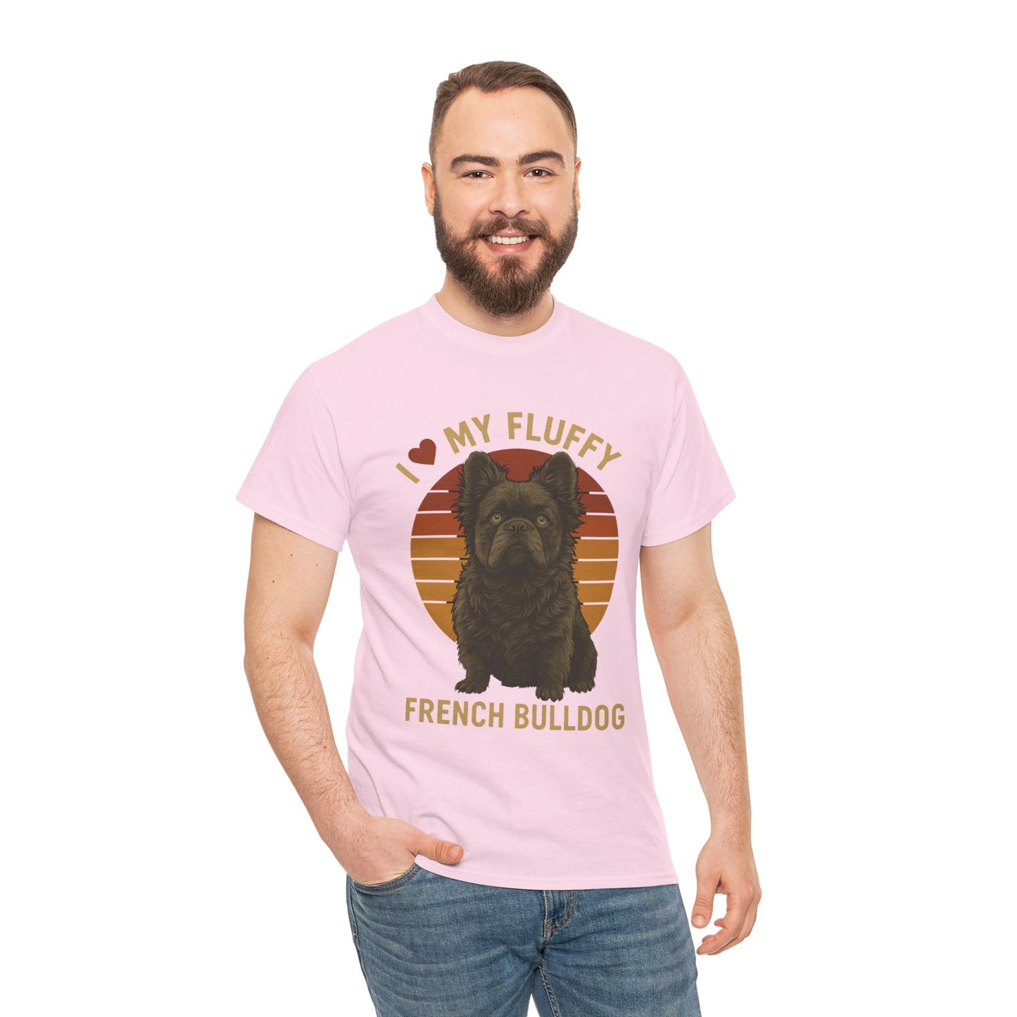I Love My Fluffy French Bulldog Shirt – Cute Fluffy Frenchie Mom Tee – Retro Sunset Dog Lover Gift – Fluffy Frenchie Owner Present – Pet Parent T-Shirt
