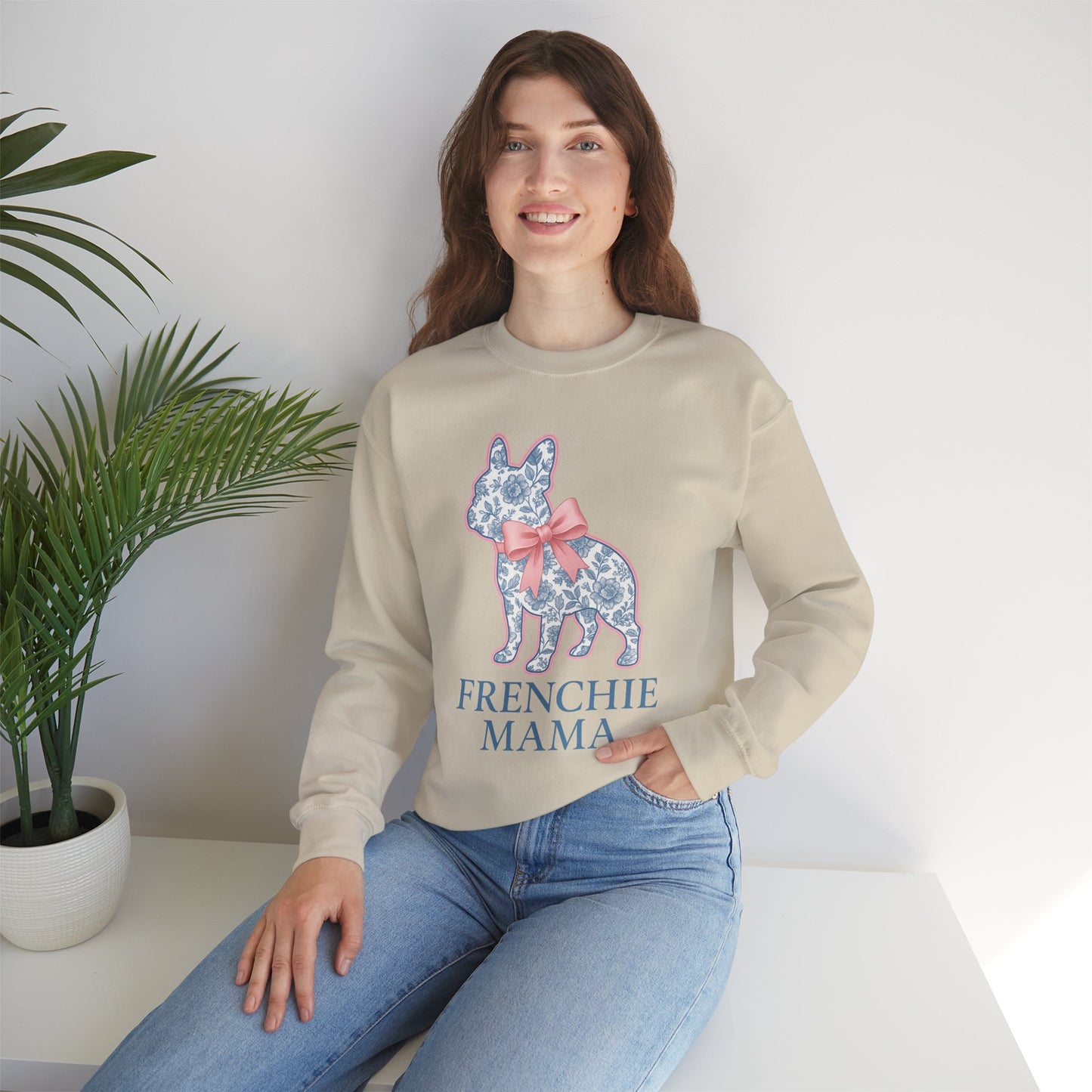 Frenchie Mama Sweatshirt – Blue Floral French Bulldog with Pink Bow, Cute Dog Mom Crewneck, French Bulldog Lover Gift, Cozy Dog Mom Sweater