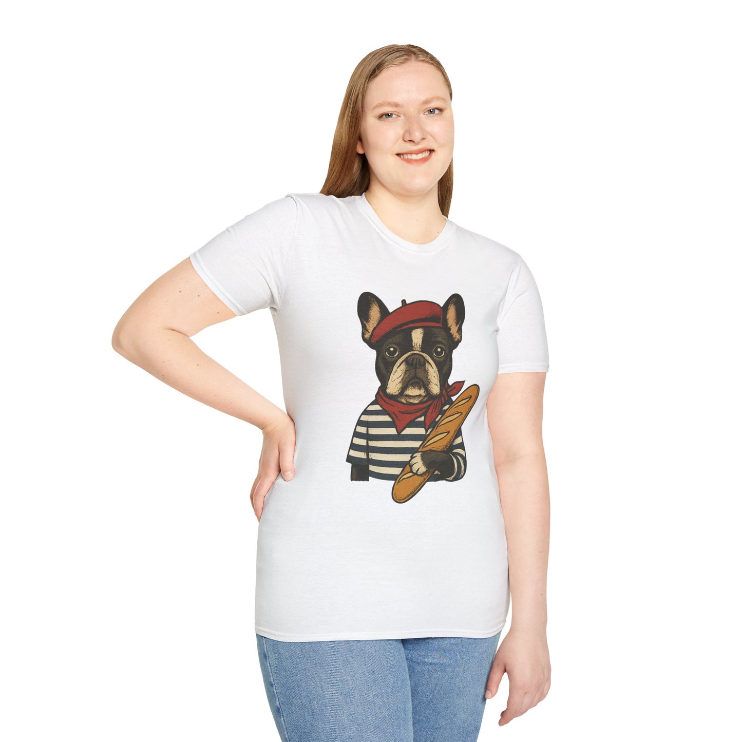French Bulldog Parisian T-Shirt – Cute Frenchie in Beret & Stripes with Baguette – Funny Dog Lover Tee, French Style Dog Shirt, Gift for Frenchie Moms