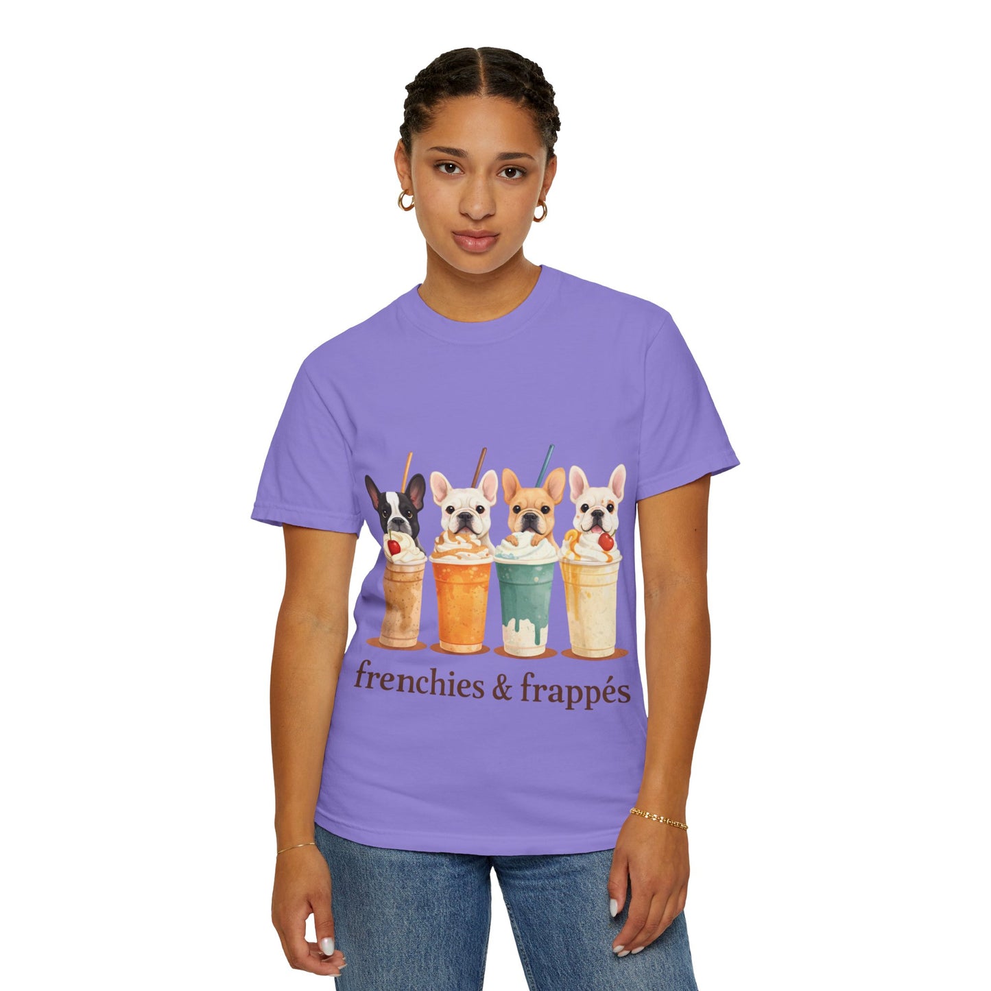 Frenchies & Frappés Shirt, French Bulldog Coffee Shirt, Cute Frenchie Café Tee, Coffee Lover Dog Shirt, Dog Mom Gift, French Bulldog Graphic Tee