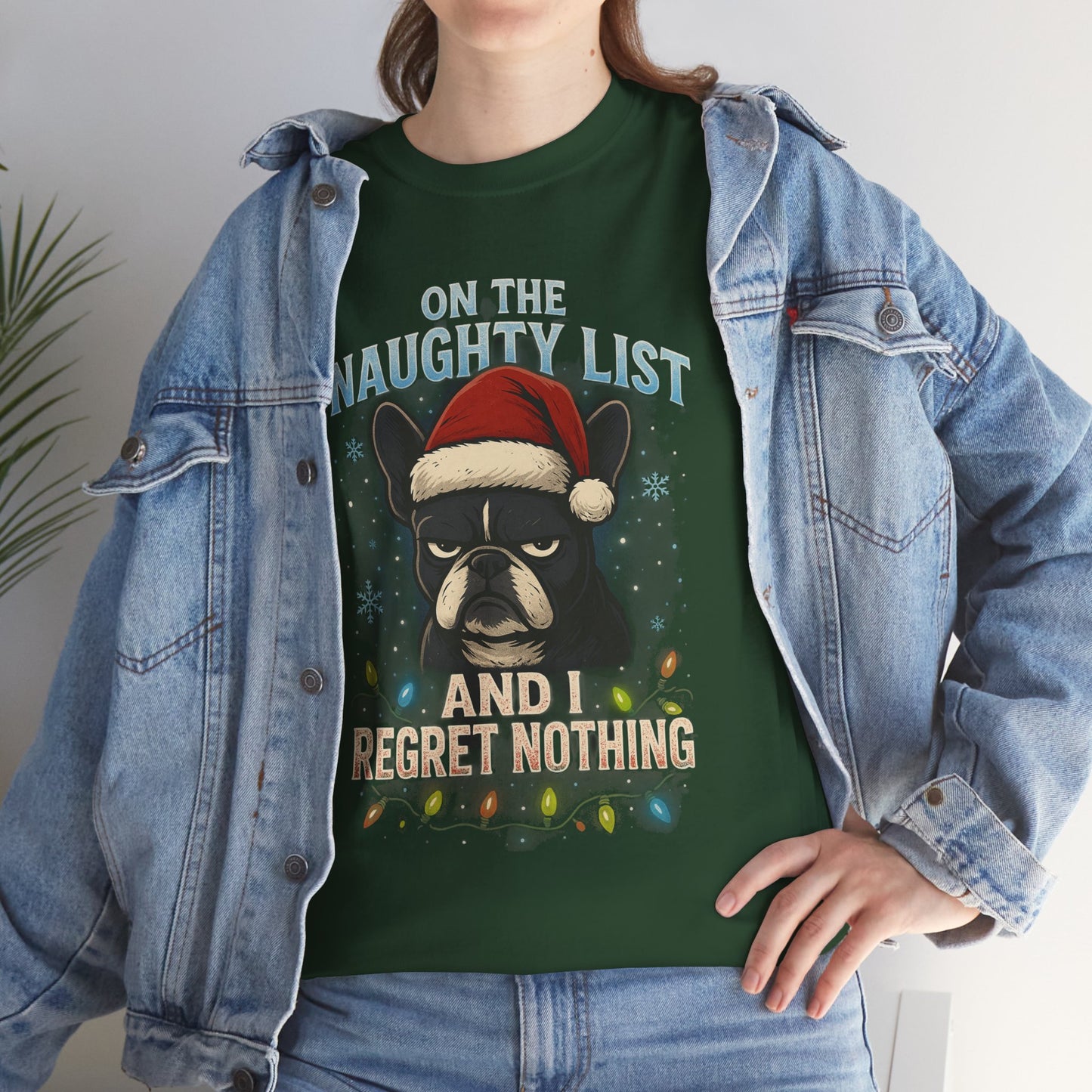 On The Naughty List Frenchie Christmas Shirt | Funny Holiday Dog Lover Tee | Grumpy French Bulldog Xmas Lights T-Shirt | Cute Pet Gift