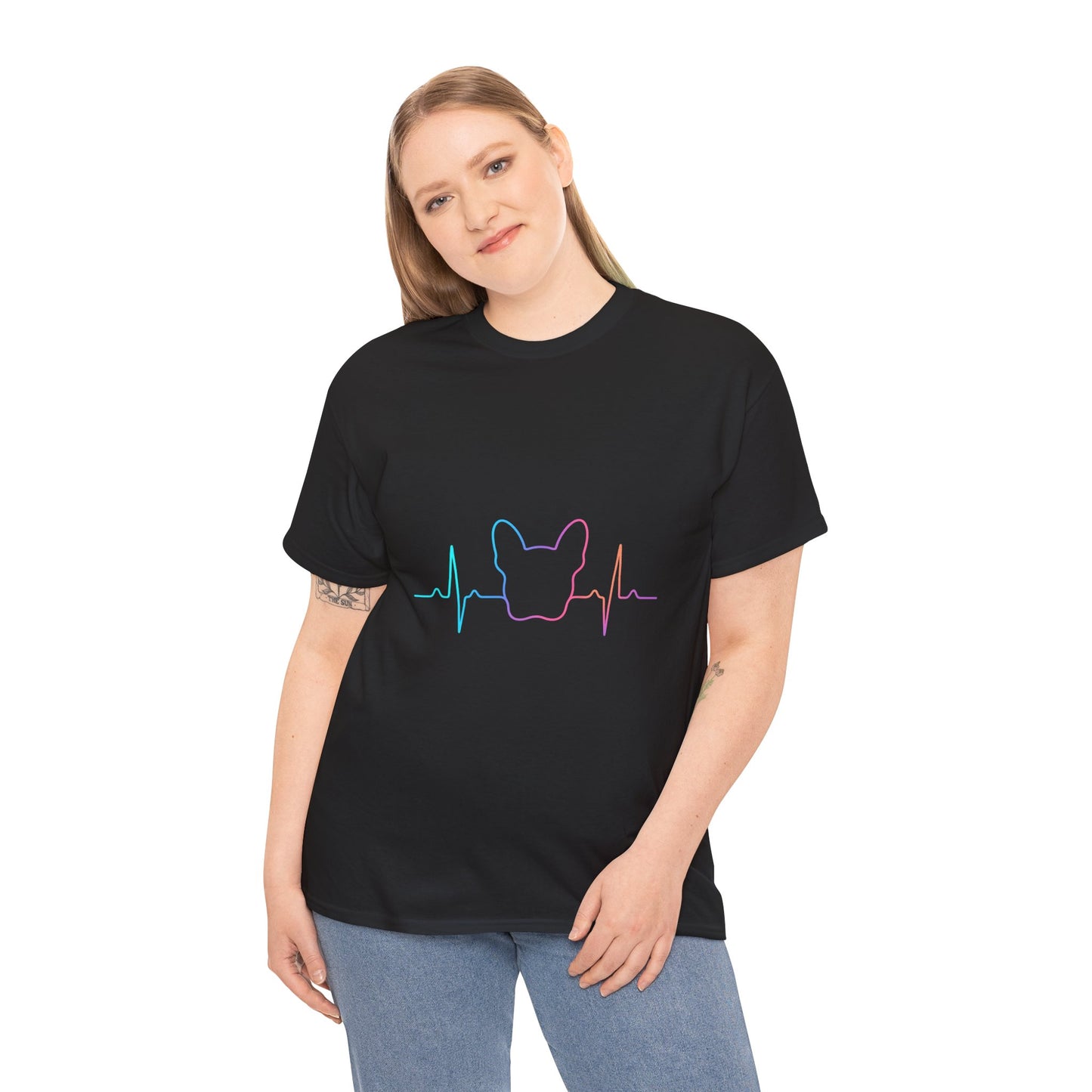 Rainbow Frenchie Heartbeat T-Shirt – Minimalist French Bulldog Line Art Tee, Neon Dog Lover Gift, Pet Mom or Dad Shirt