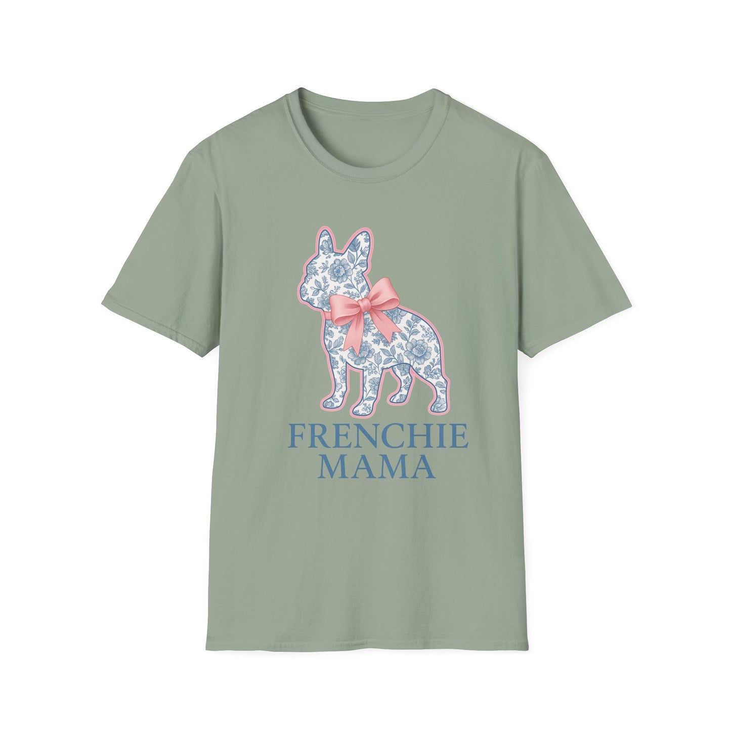 Frenchie Mama Shirt – Floral French Bulldog Silhouette Tee with Pink Bow, Dog Mom Gift, Cute Frenchie Lover T-Shirt, Pastel Dog Mom Apparel