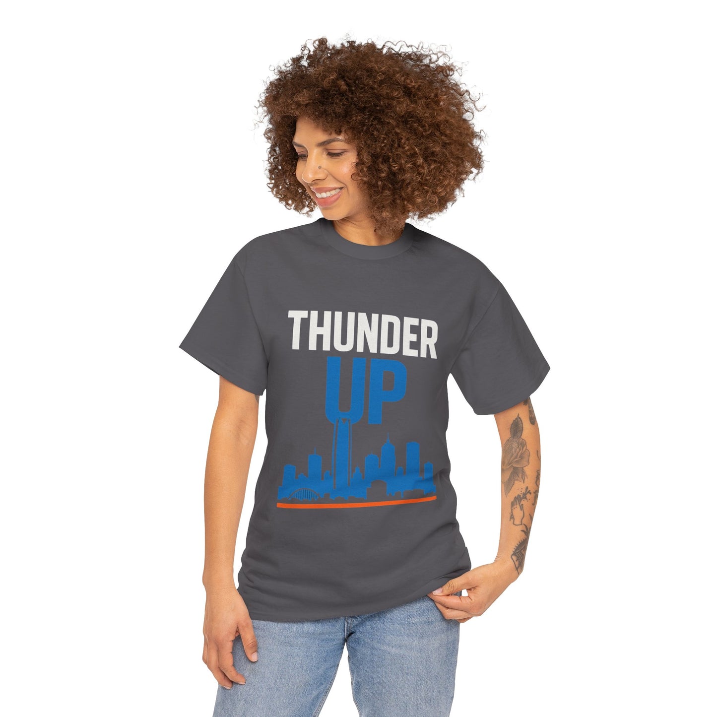 Thunder Up Oklahoma City Skyline Shirt – OKC Basketball Fan Tee, Blue & Orange City Skyline Graphic, Oklahoma Hoops Spirit Wear, Game Day T-Shirt