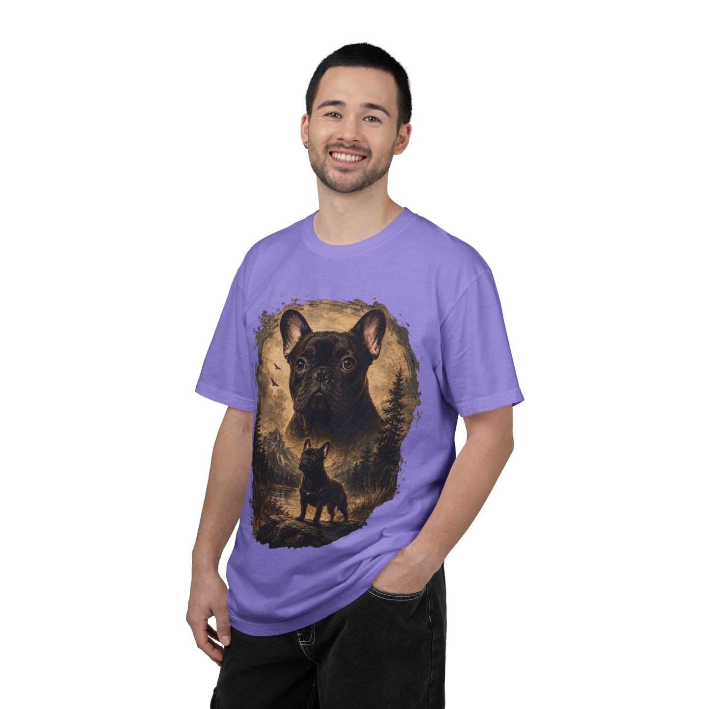 Black French Bulldog Shirt, Vintage Frenchie Nature Tee, Rustic French Bulldog Shirt, Dog Lover Gift, Frenchie Mountain Landscape Tee, Outdoors Dog Shirt, French Bulldog Art