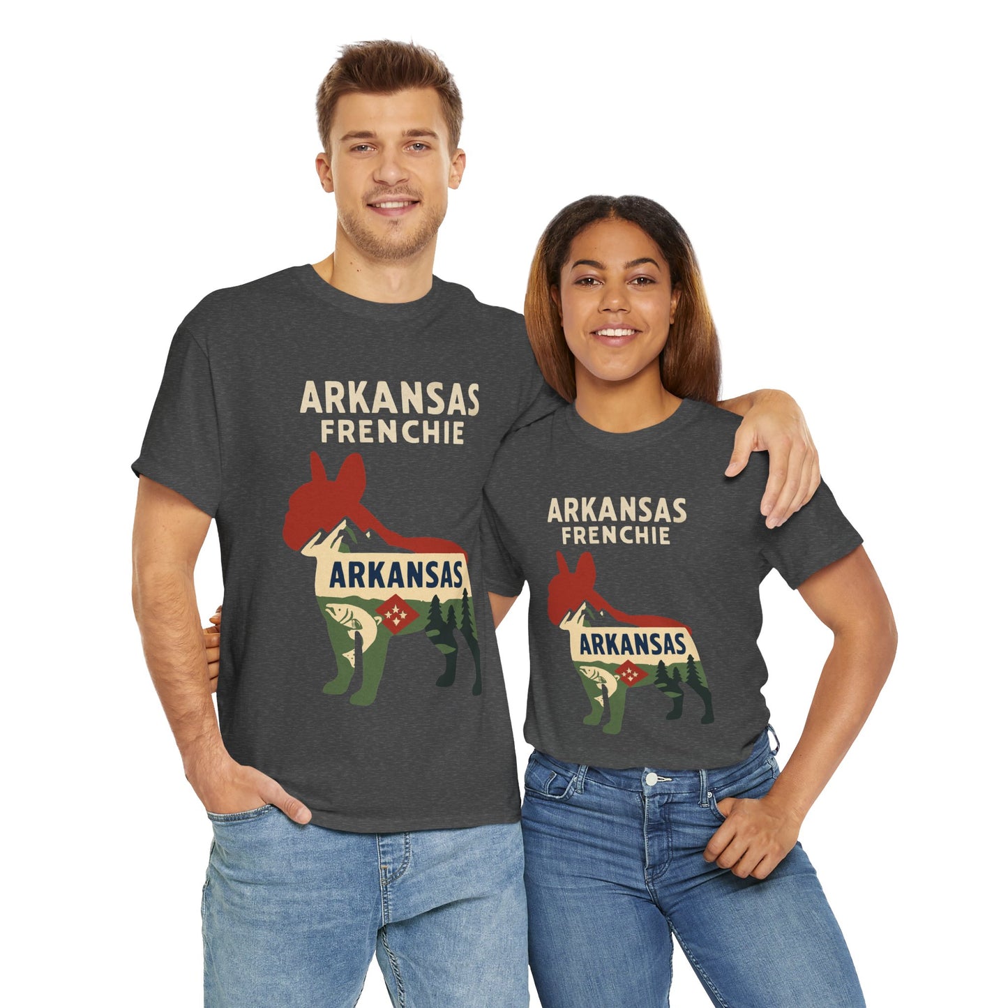 Arkansas Frenchie T-Shirt – French Bulldog State Pride Tee, Retro Arkansas Dog Lover Shirt, Nature Hiking Frenchie Gift
