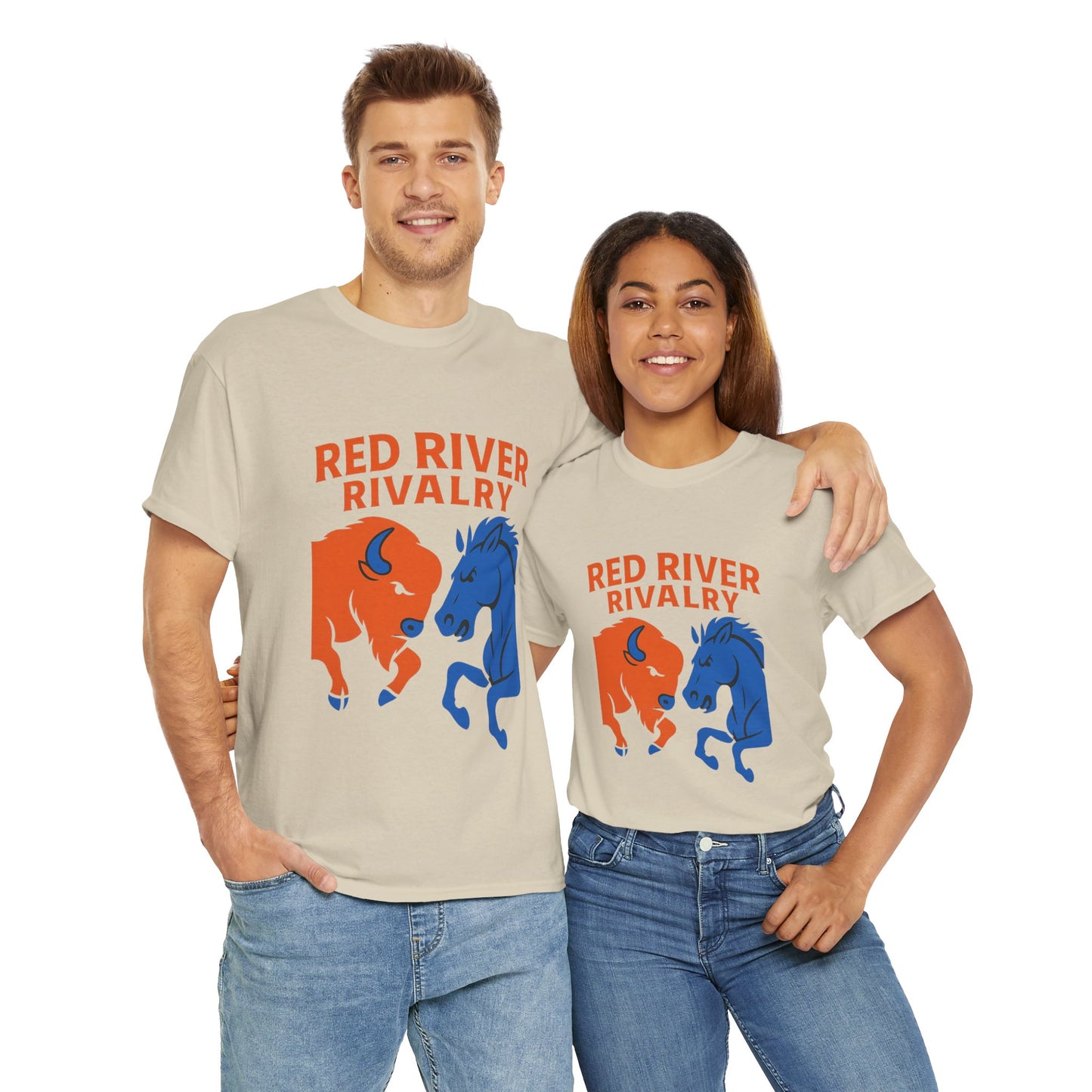 Red River Rivalry T-Shirt – Oklahoma vs Texas-Inspired Tee, Bison and Mustang Game Day Shirt, Blue and Orange Sports Rivalry Graphic