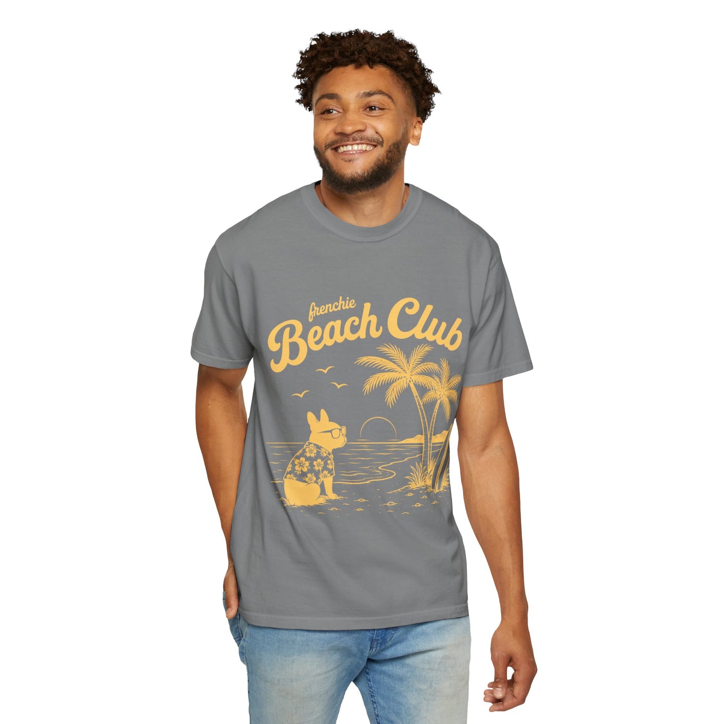 Frenchie Beach Club T-Shirt — Cute French Bulldog Surfing Palm Beach Tee