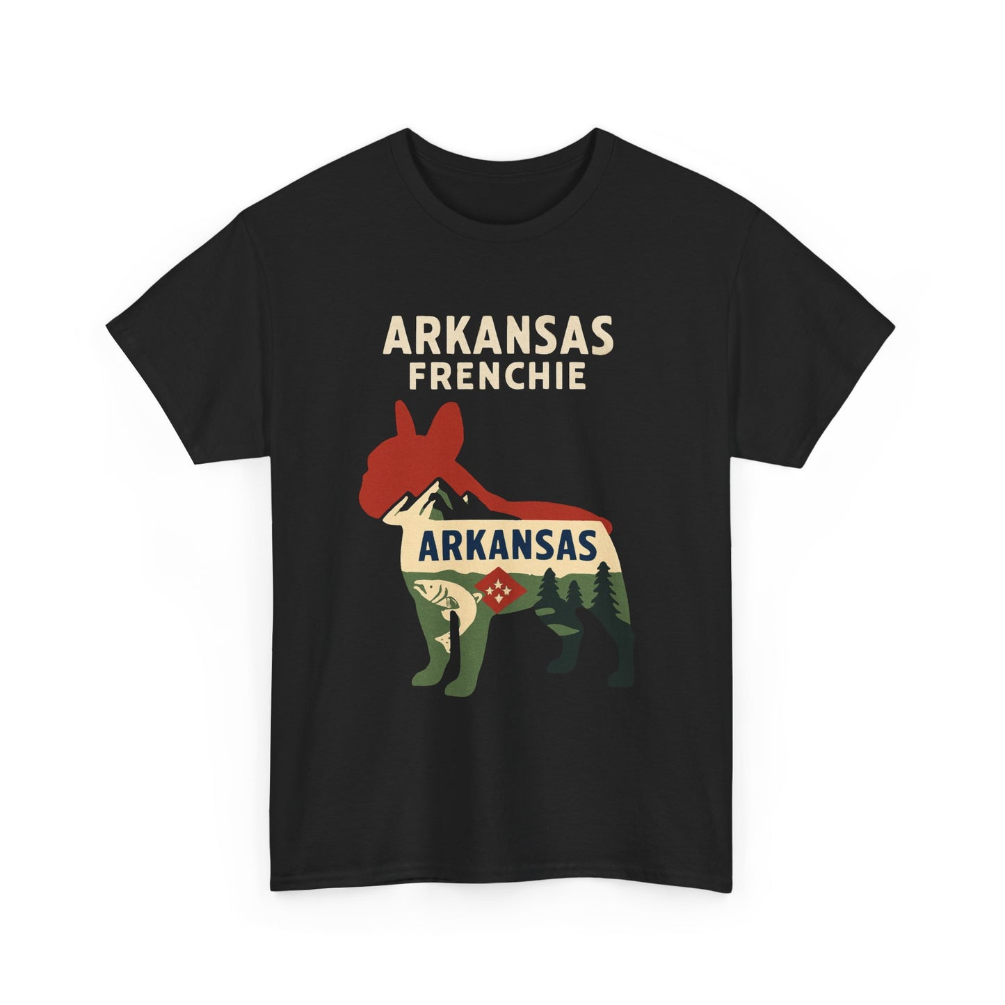 Arkansas Frenchie T-Shirt – French Bulldog State Pride Tee, Retro Arkansas Dog Lover Shirt, Nature Hiking Frenchie Gift