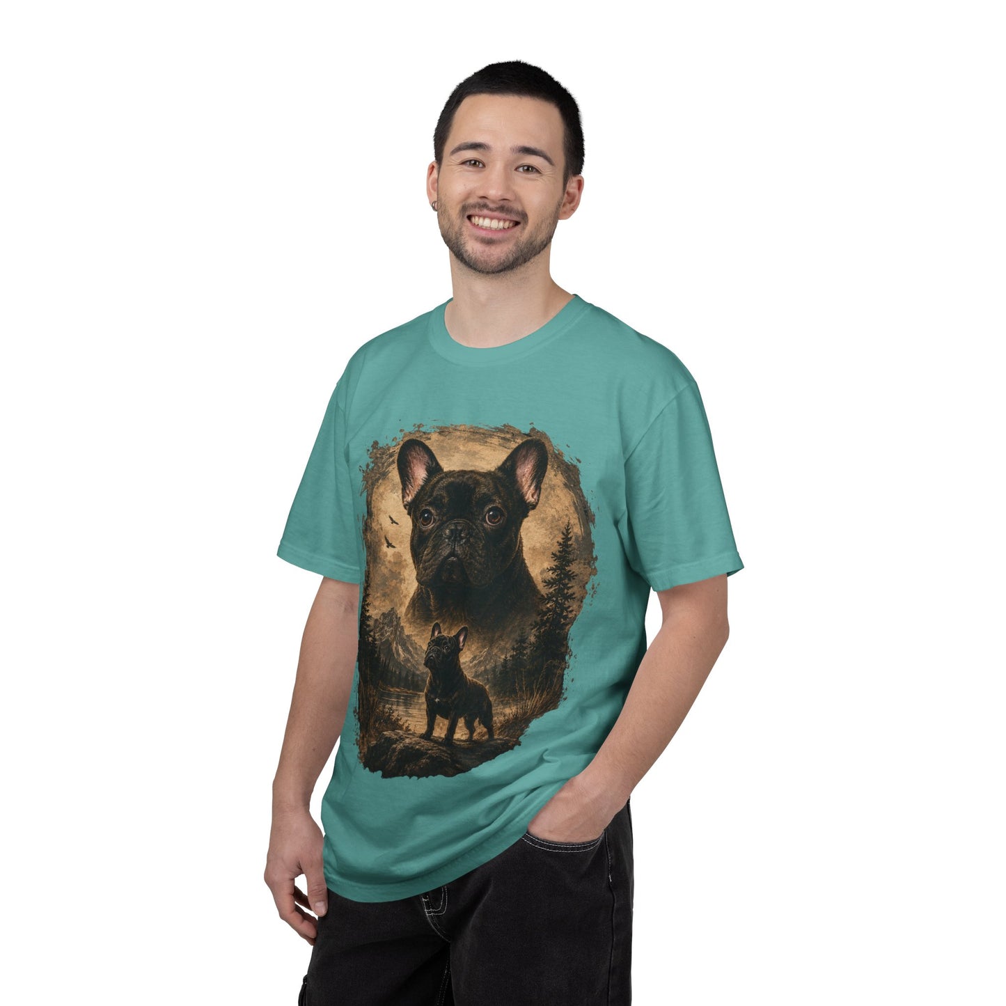 Black French Bulldog Shirt, Vintage Frenchie Nature Tee, Rustic French Bulldog Shirt, Dog Lover Gift, Frenchie Mountain Landscape Tee, Outdoors Dog Shirt, French Bulldog Art