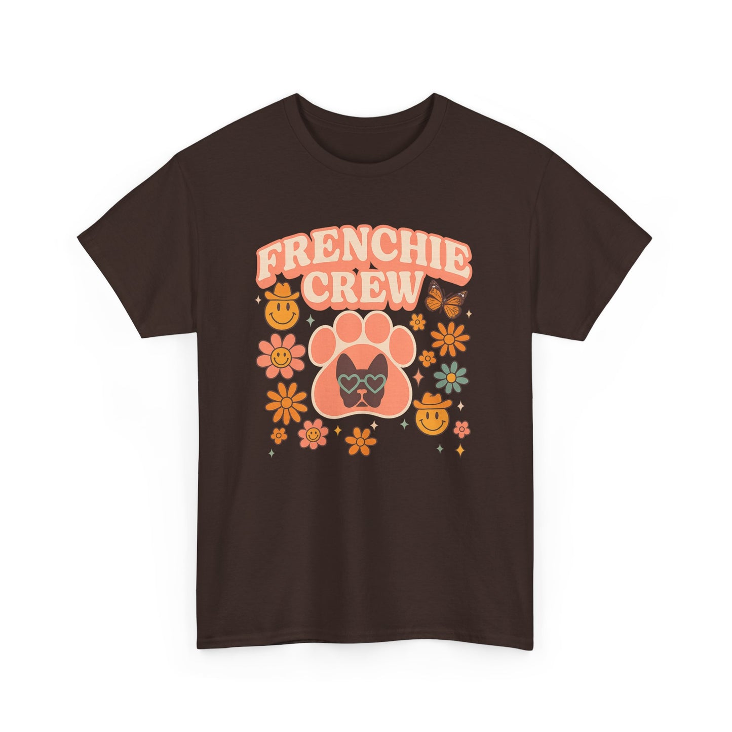 Frenchie Crew T-Shirt | Retro 70s Floral French Bulldog Tee | Groovy Dog Mom Shirt | Frenchie Lover Gift | Vintage Aesthetic Graphic Tee