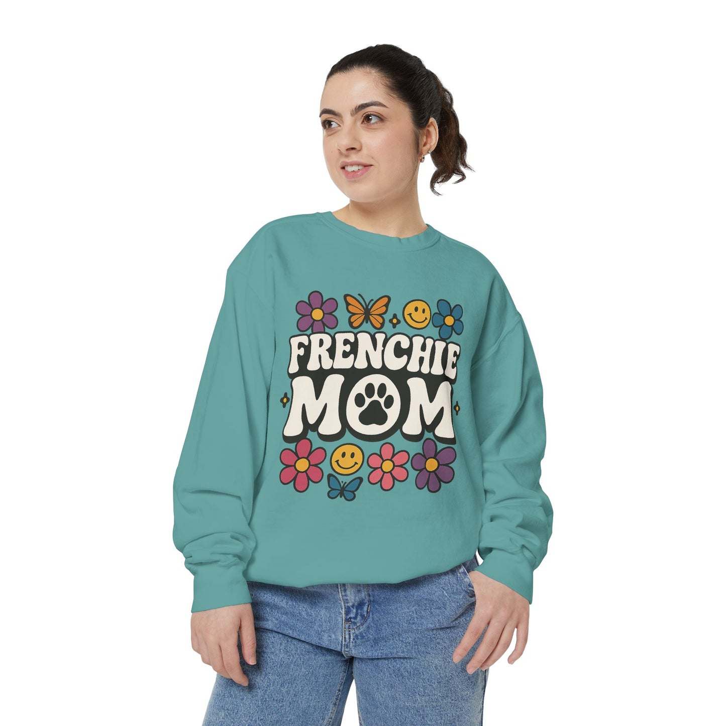 Frenchie Mom Sweatshirt | Retro Groovy Dog Lover Pullover | Smiley Flower French Bulldog Crewneck | Cute Colorful Dog Mom Sweater