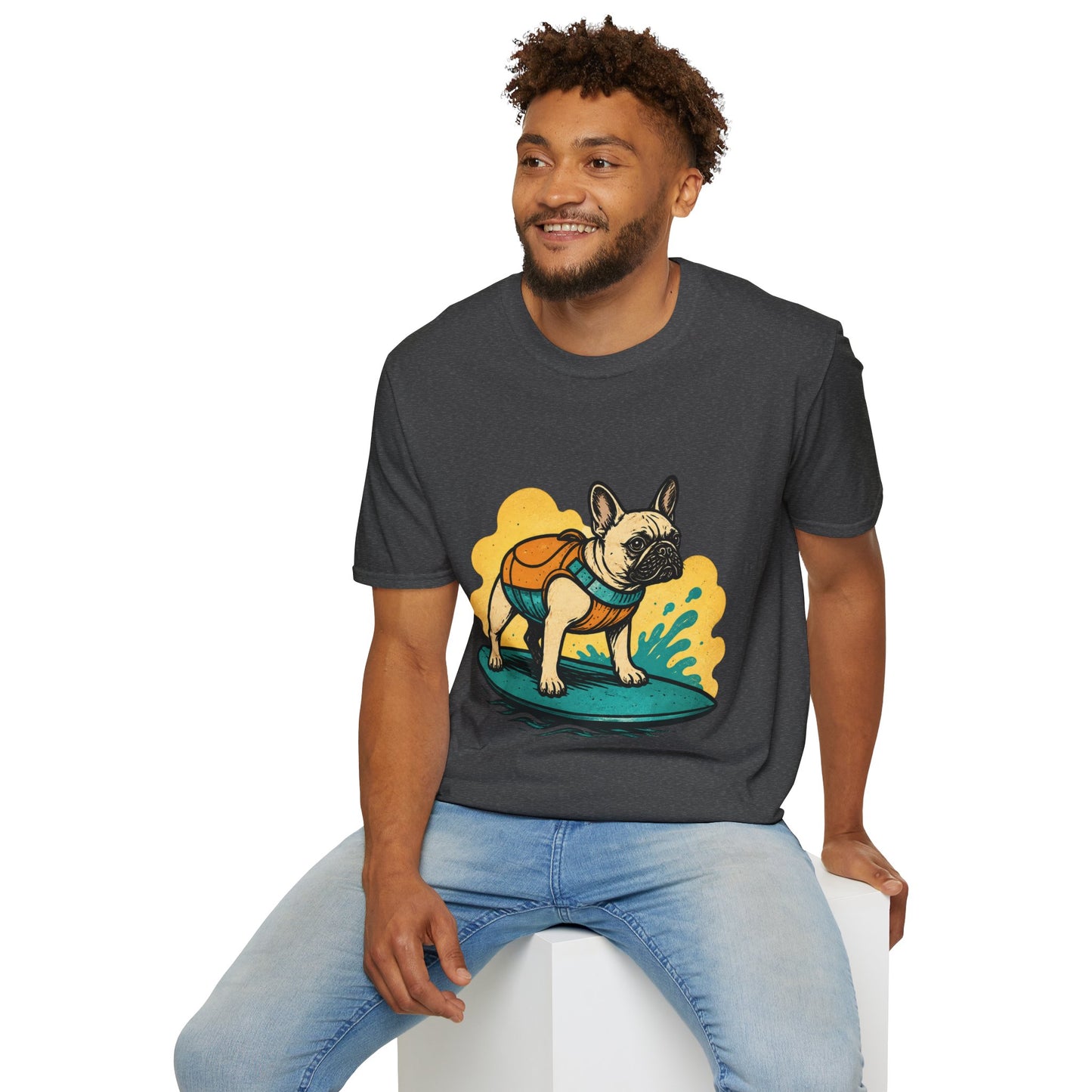 French Bulldog Surf T‑Shirt — Cute Dog with Backpack Beach Tee