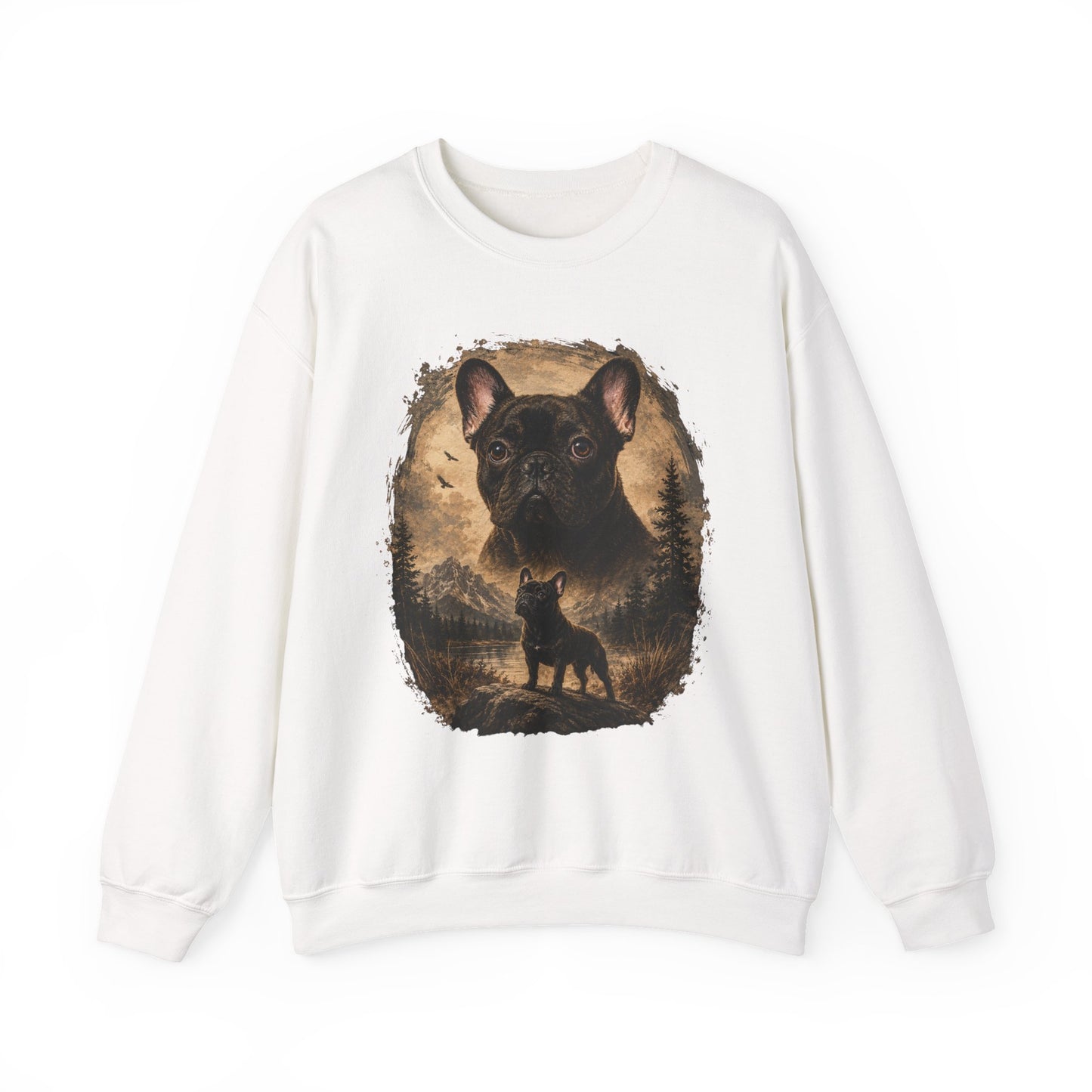 Black French Bulldog Sweatshirt, Rustic Frenchie Crewneck, Vintage Nature French Bulldog Sweatshirt, Dog Lover Gift, Black Frenchie Pullover, Camping Sweatshirt, Cozy Dog Apparel