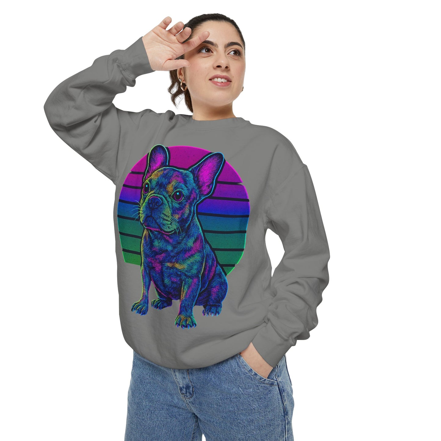 Neon French Bulldog Sweatshirt | Retro 80s Frenchie Pullover | Colorful Dog Lover Crewneck