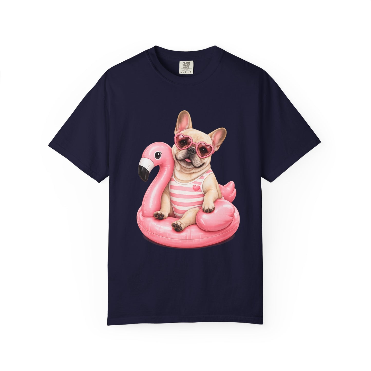 French Bulldog on Pink Flamingo Float T-Shirt — Cute Summer Dog Tee