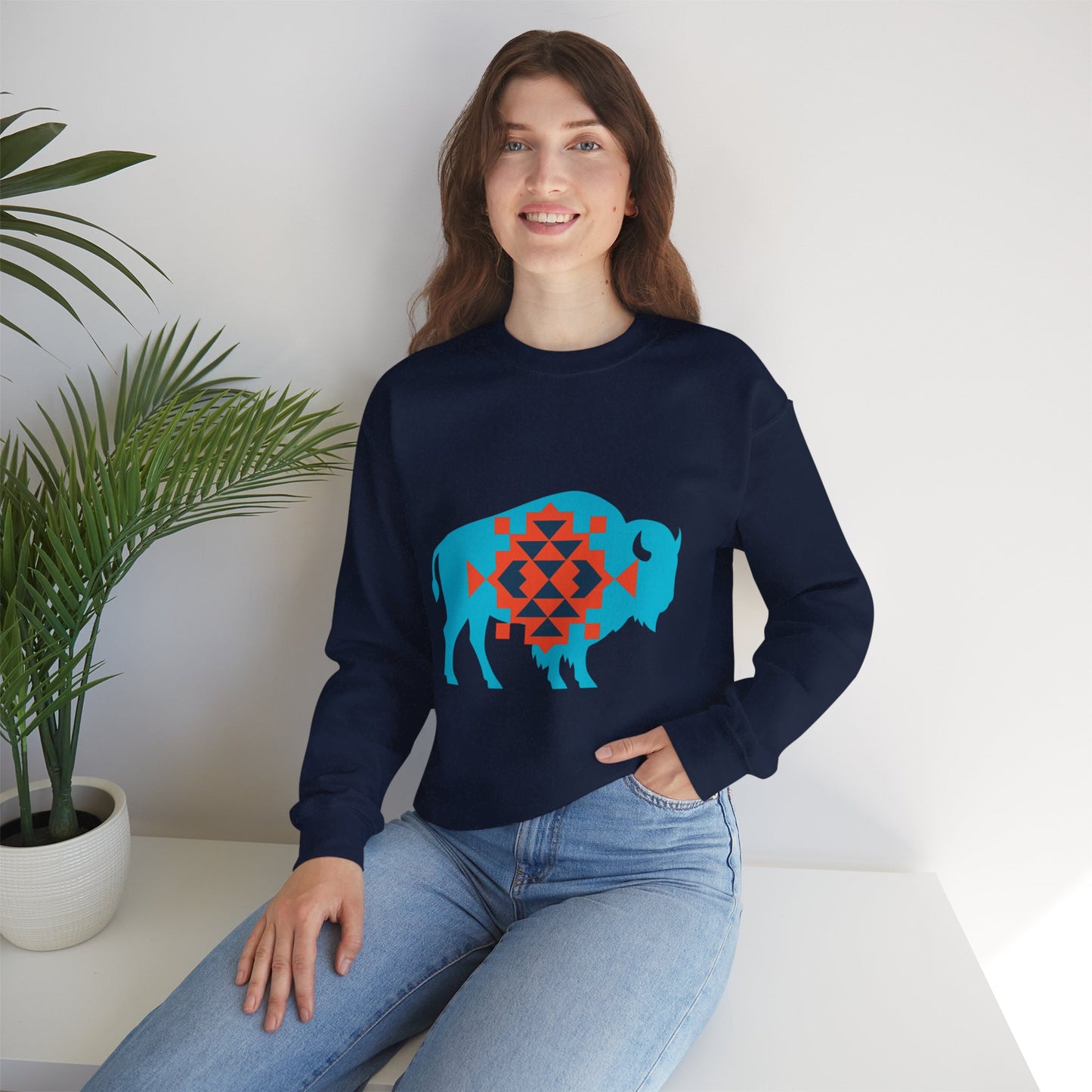 Aztec Bison Oklahoma Basketball Sweatshirt | Blue & Orange Tribal Bison Crewneck | OKC Spirit Sweater | For the City Thunder Fan Gift
