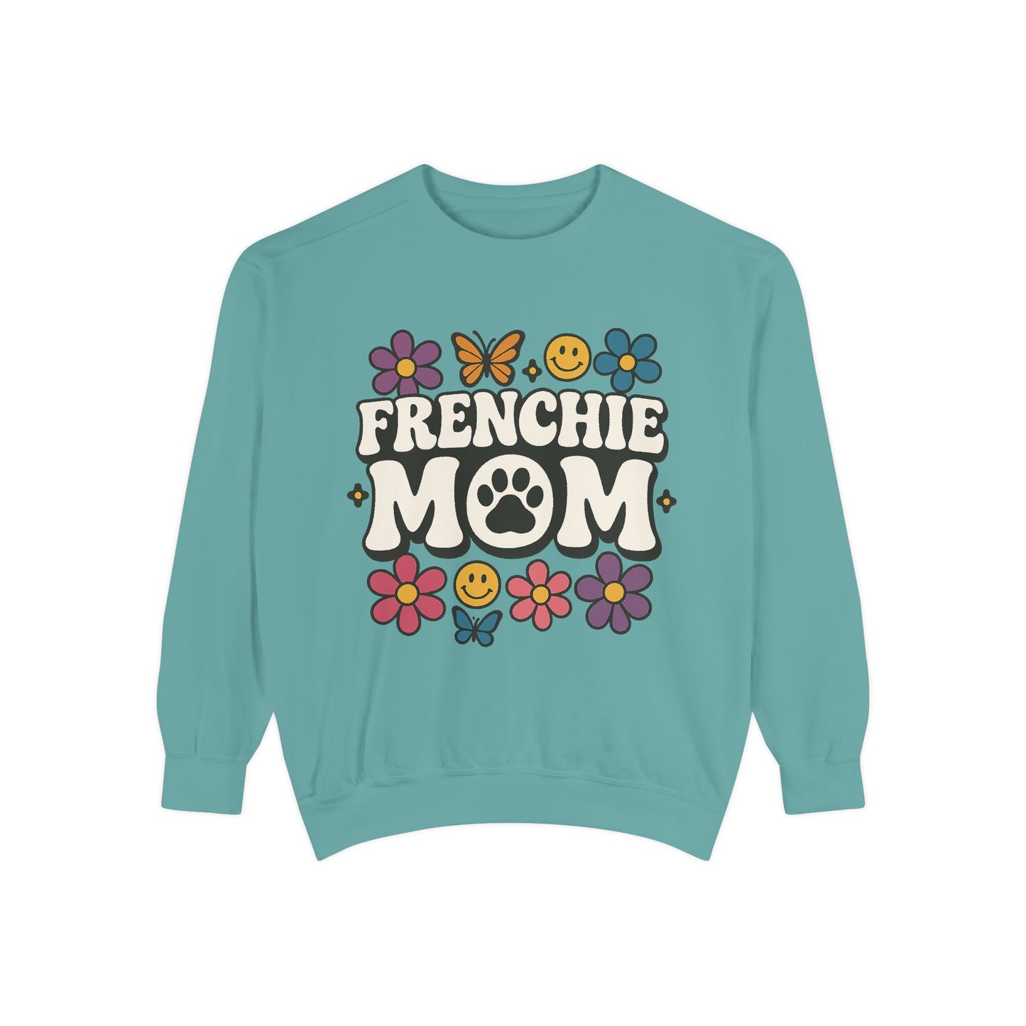 Frenchie Mom Sweatshirt | Retro Groovy Dog Lover Pullover | Smiley Flower French Bulldog Crewneck | Cute Colorful Dog Mom Sweater