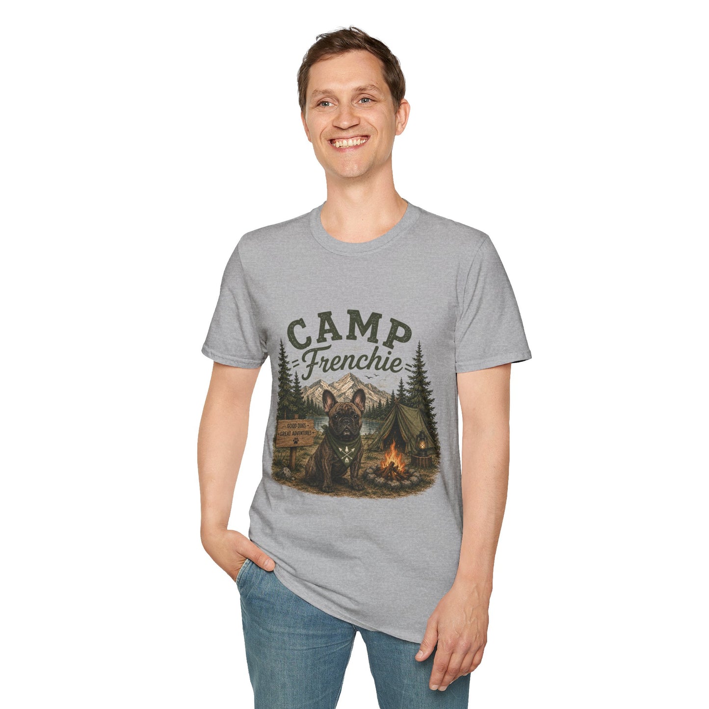 Camp Frenchie Shirt, French Bulldog Camping Shirt, Frenchie Outdoor Tee, Dog Camping Shirt, Adventure Dog Lover Gift, Campfire French Bulldog T-Shirt, Nature Graphic Tee