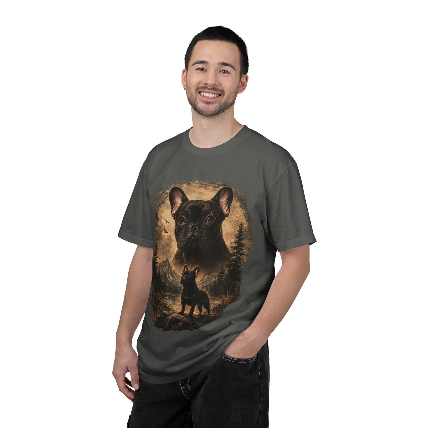 Black French Bulldog Shirt, Vintage Frenchie Nature Tee, Rustic French Bulldog Shirt, Dog Lover Gift, Frenchie Mountain Landscape Tee, Outdoors Dog Shirt, French Bulldog Art
