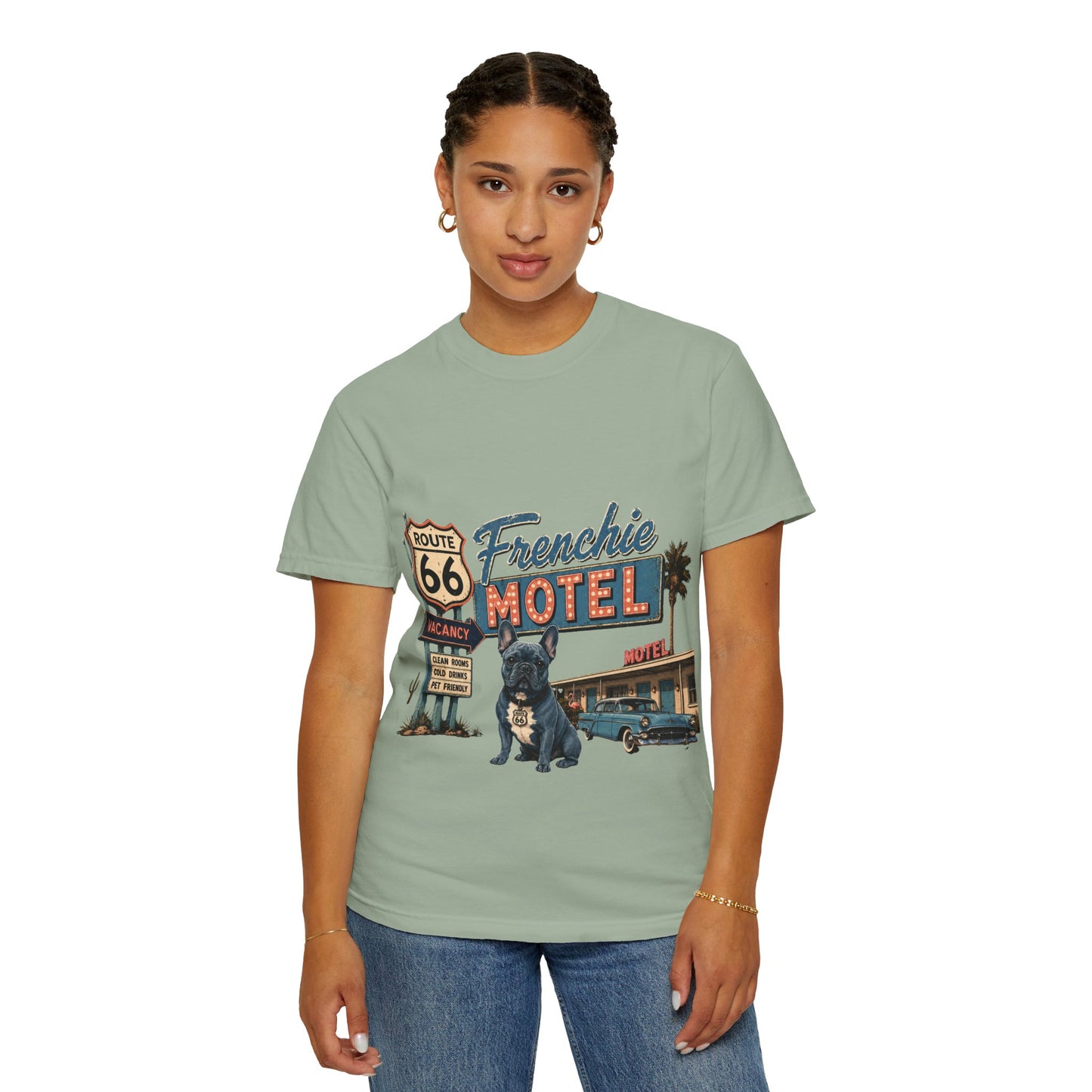 Route 66 Frenchie Motel Shirt, French Bulldog Retro Travel Tee, Vintage Road Trip Shirt, Dog Lover Graphic Tee, Route 66 Dog Shirt, Frenchie Motel T-Shirt, Retro Americana Gift