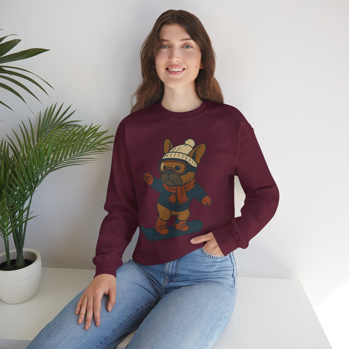 Snowboarding Frenchie Sweatshirt – Cute French Bulldog Winter Sweater, Snowboard Dog Pullover, Cozy Holiday Ski Dog Crewneck, Frenchie Lover Gift