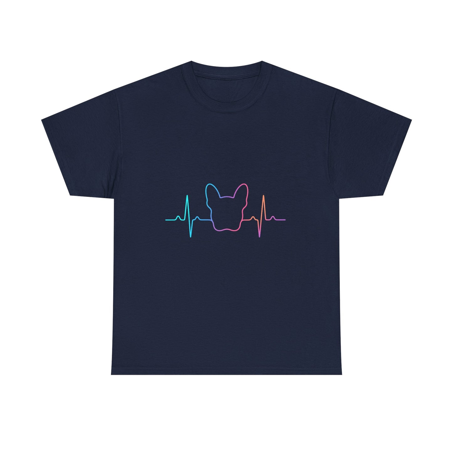 Rainbow Frenchie Heartbeat T-Shirt – Minimalist French Bulldog Line Art Tee, Neon Dog Lover Gift, Pet Mom or Dad Shirt