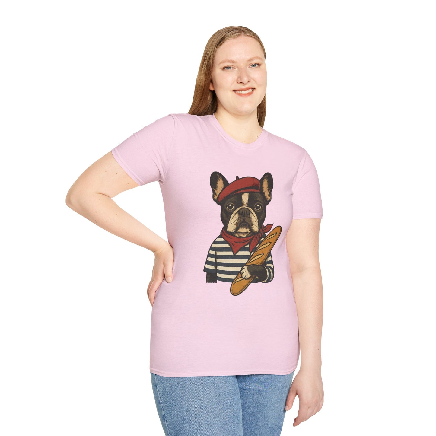 French Bulldog Parisian T-Shirt – Cute Frenchie in Beret & Stripes with Baguette – Funny Dog Lover Tee, French Style Dog Shirt, Gift for Frenchie Moms