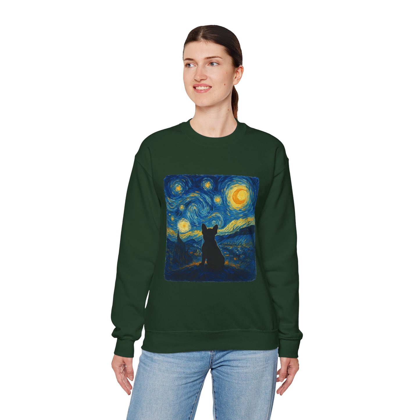 Starry Night Frenchie Sweatshirt – Van Gogh Inspired French Bulldog Art Crewneck, Cozy Dog Lover Gift, Retro Frenchie Sweater