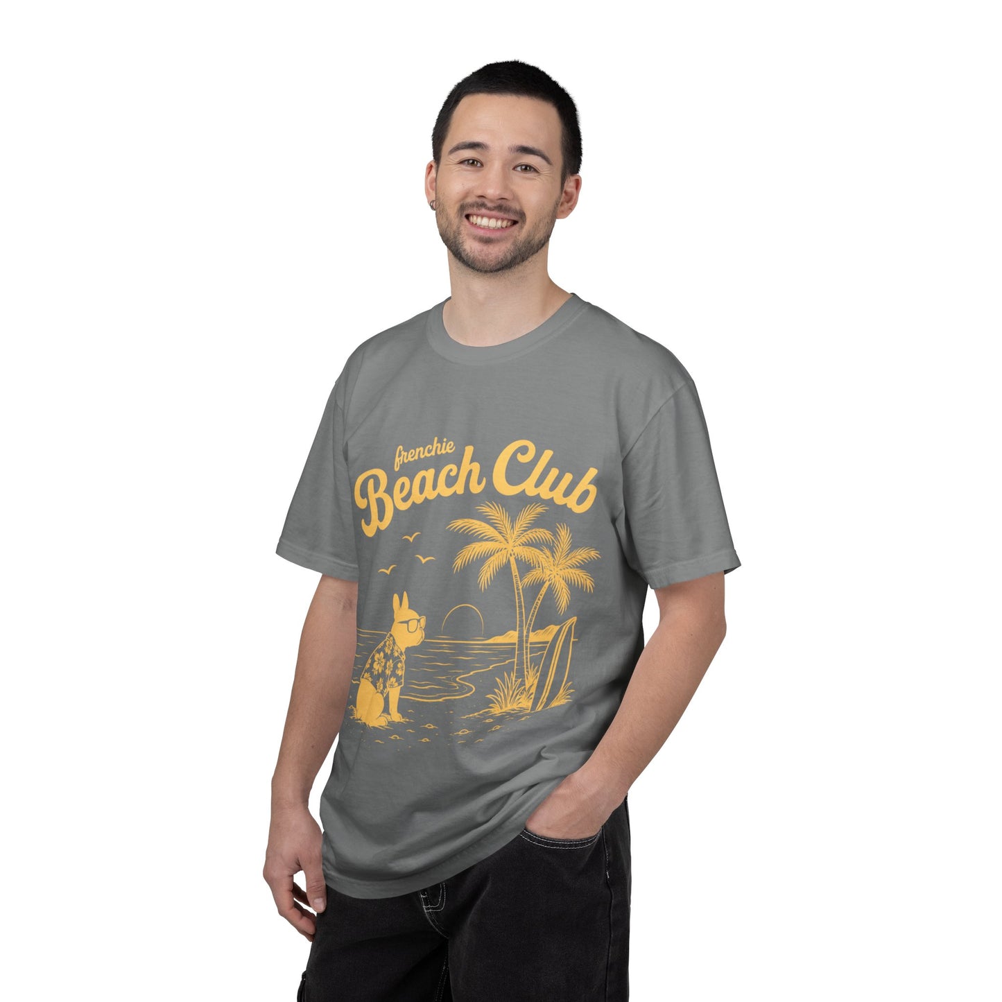 Frenchie Beach Club T-Shirt — Cute French Bulldog Surfing Palm Beach Tee